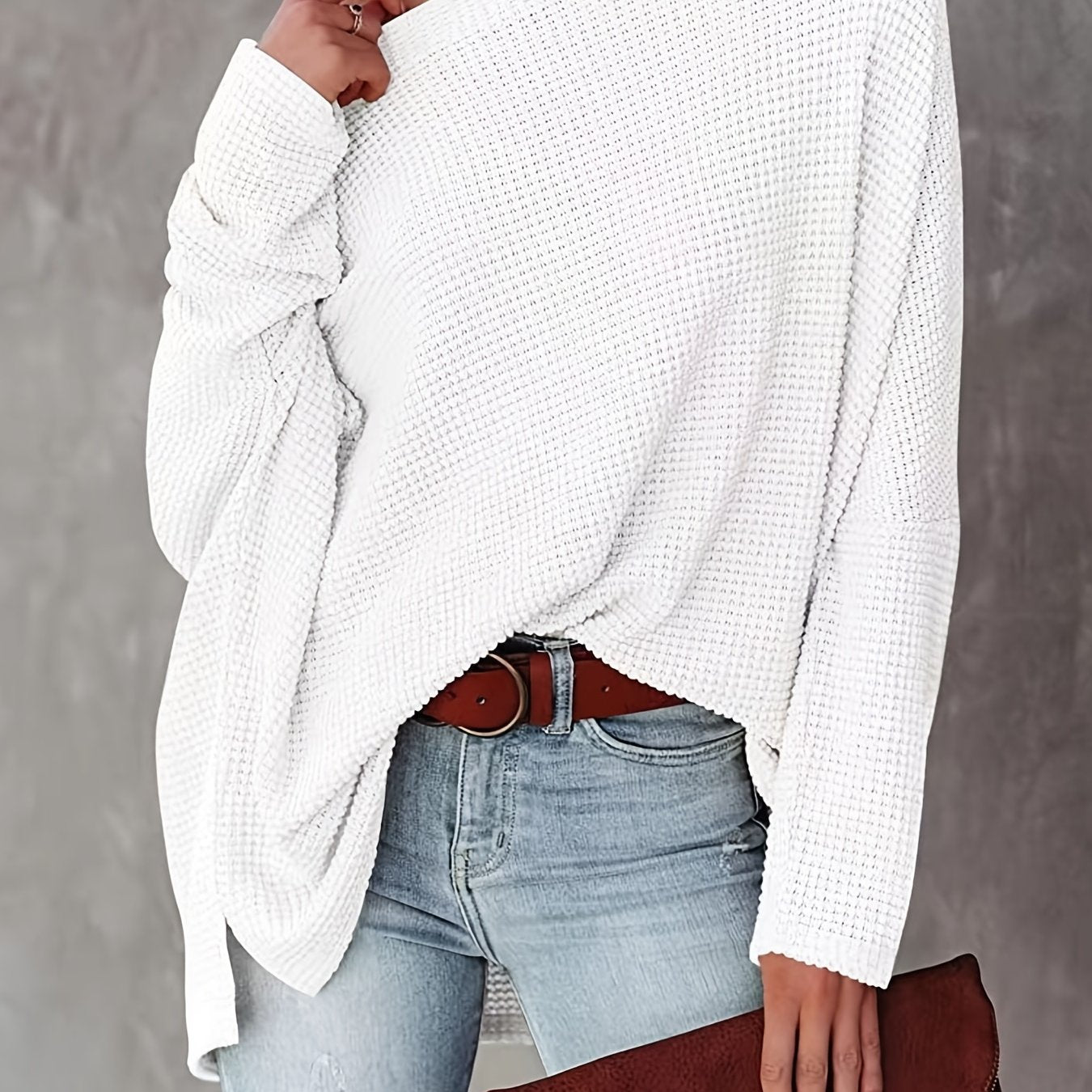 Antmvs Women's Casual Off Shoulder Bat Long Sleeve Waffle Knitted Oversized Pullover Sweater, Casual Tops For Fall & Winter, Women's Clothing