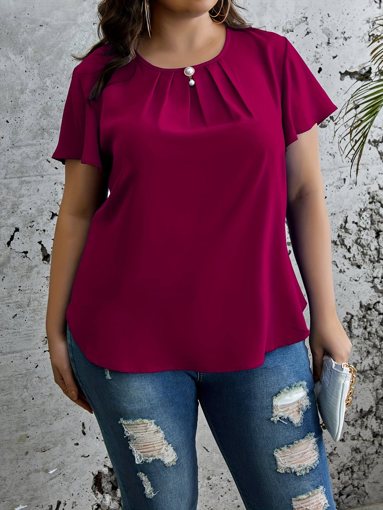 Plus Size Chic Ruched Blouse - Flattering Solid Colors, Crew Neck, Short Sleeves - Perfect Casual Style for Spring & Summer - Curvy Womens Fashion Clothing