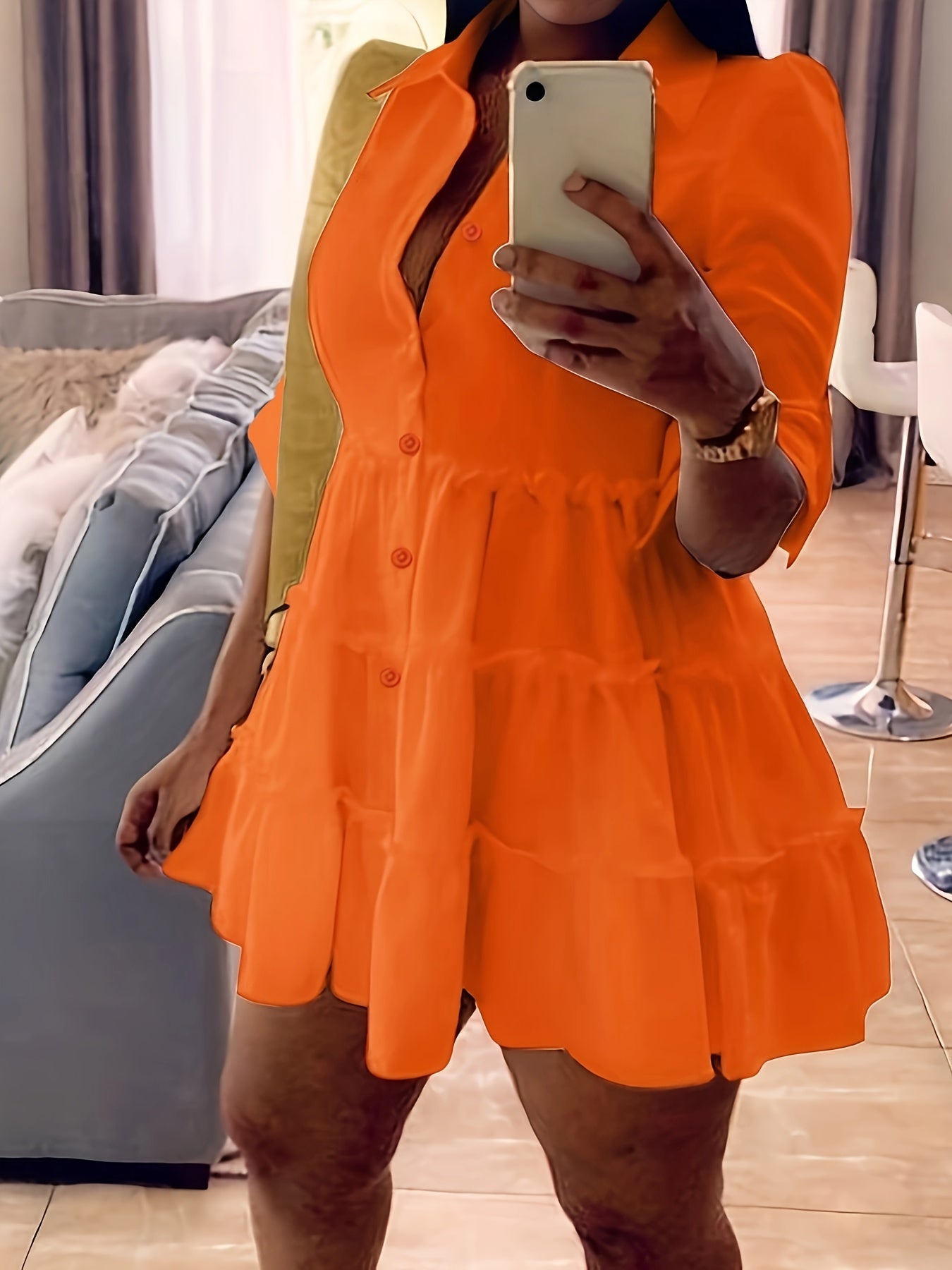Antmvs Ruffle Layered Hem Shirt Dress, Casual Button Dress For Spring & Summer, Women's Clothing