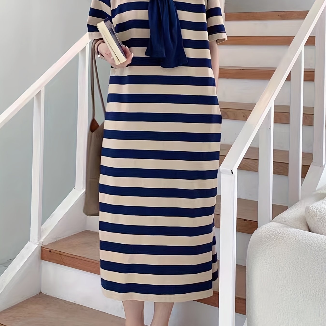Antmvs Striped Print Crew Neck Dress, Casual Short Sleeve Summer Dress, Women's Clothing