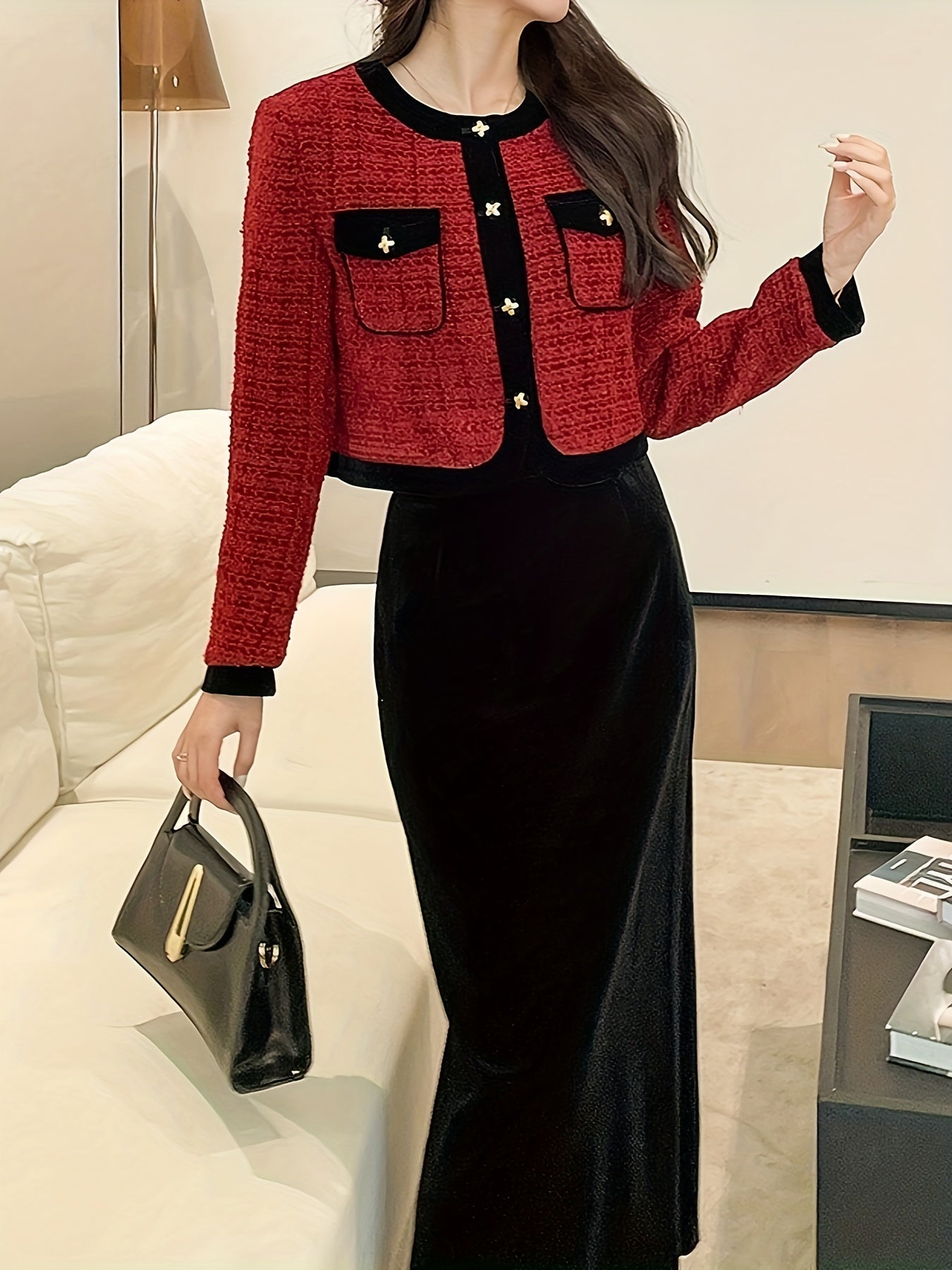 Antmvs Elegant Work Two-piece Set, Button Front Long Sleeve Tops & Solid Split Skirts Outfits, Women's Clothing
