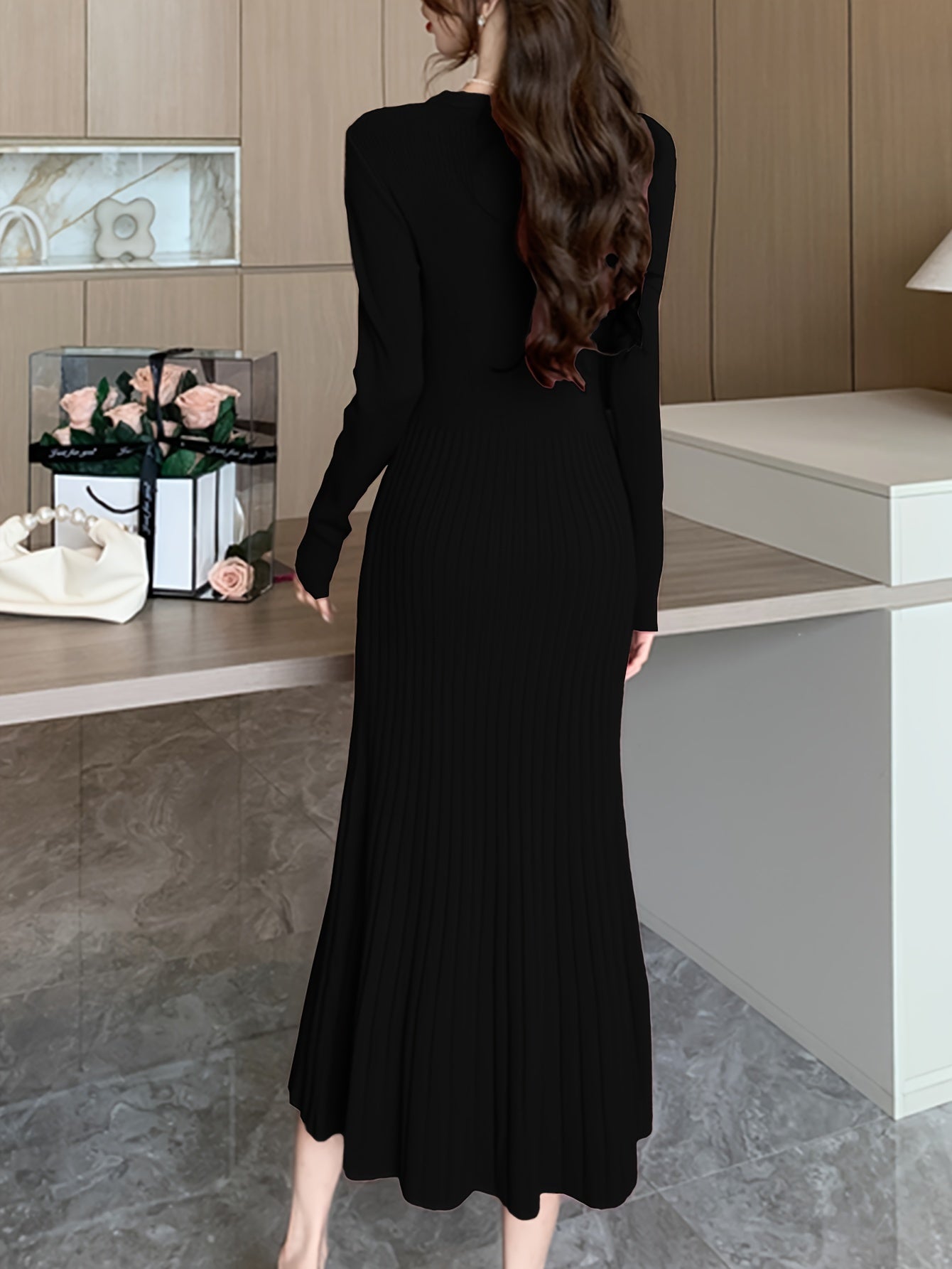 Antmvs Solid Color Long Sleeve Knit Dress, Chic Long Sleeve Crew Neck A-line Dress, Women's Clothing