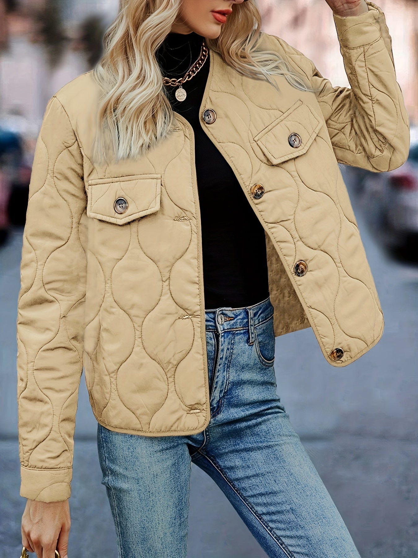 Antmvs Button Up Quilted Solid Coat, Casual Long Sleeve Coat For Fall & Winter, Women's Clothing