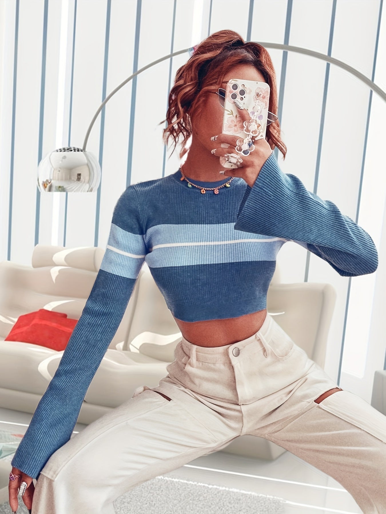 Antmvs Color Block Slim Crop Sweater, Casual Bell Sleeve Sweater For Spring & Fall, Women's Clothing