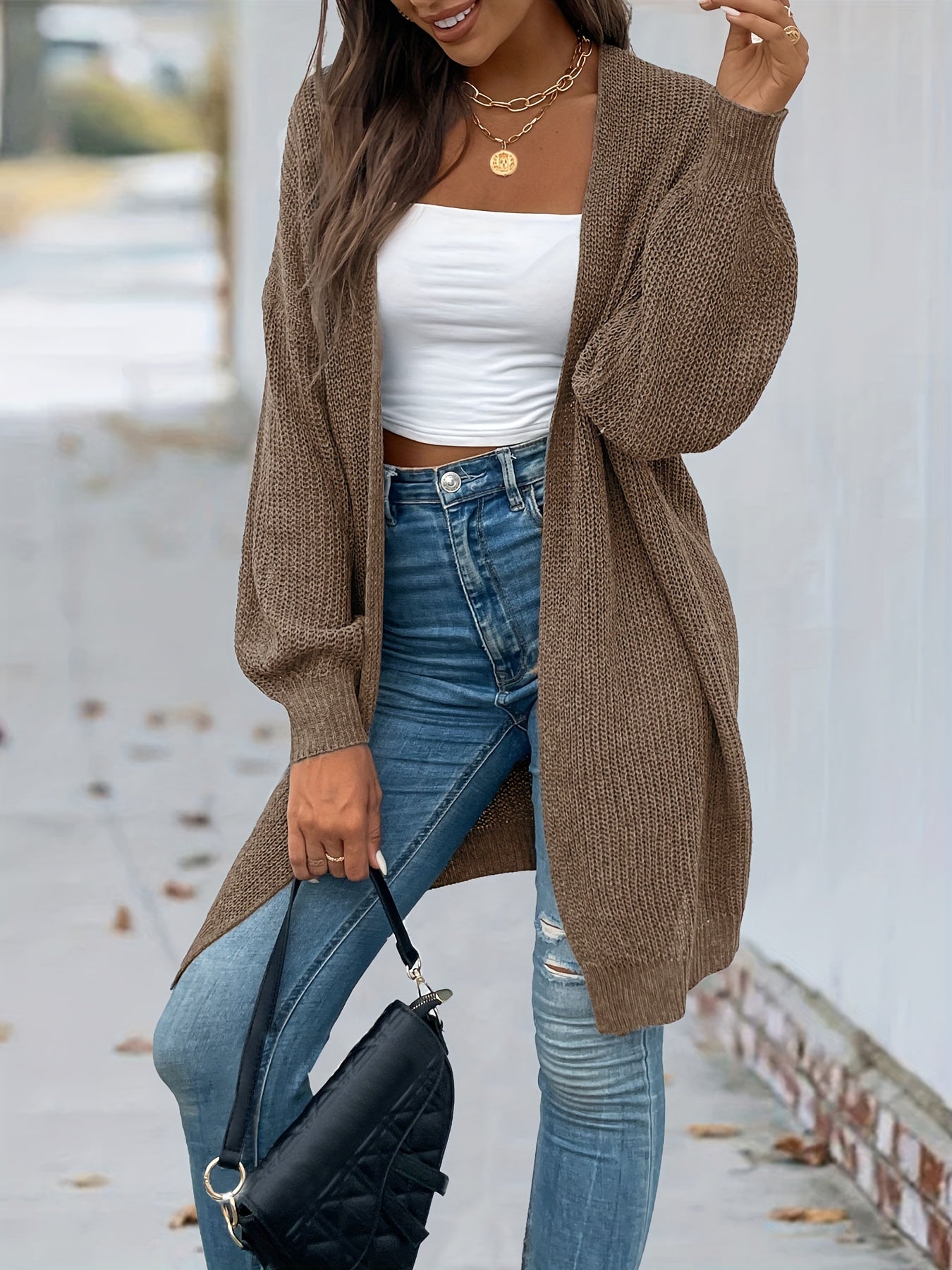 Antmvs Open Front Vintage Cardigan, Loose Long Sleeve Sweaters, Casual Long Knitwear Coat, Women's Clothing