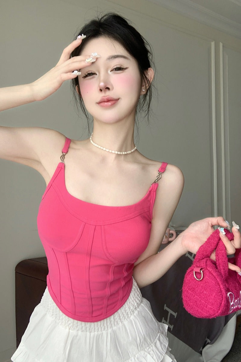 Antmvs Jania Solid Color Pink Silver Spaghetti Strap Slim Corset Top