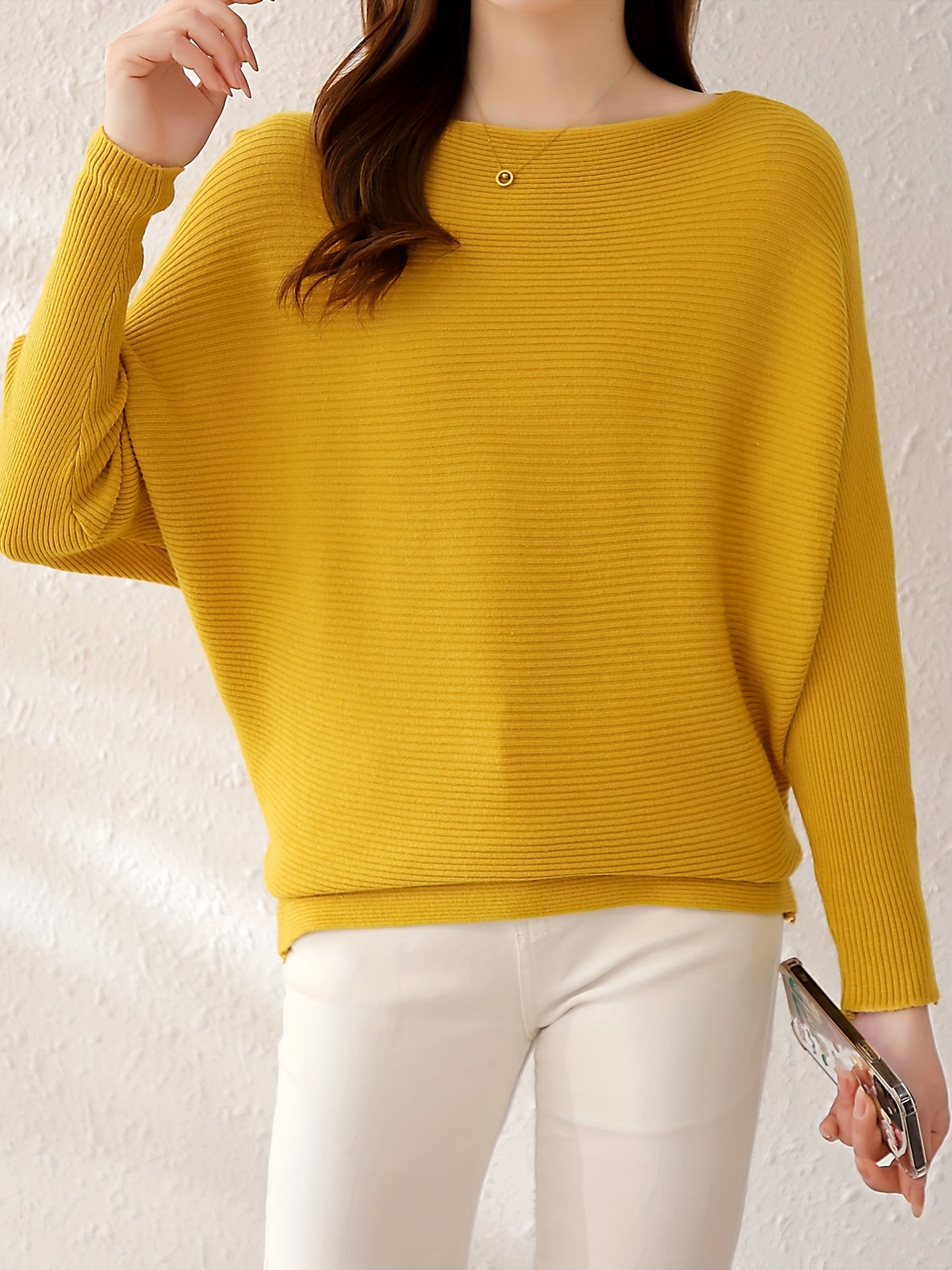 Antmvs Solid Batwing Sleeve Knit Sweater, Casual Boat Neck Sweater For Spring & Fall, Women's Clothing