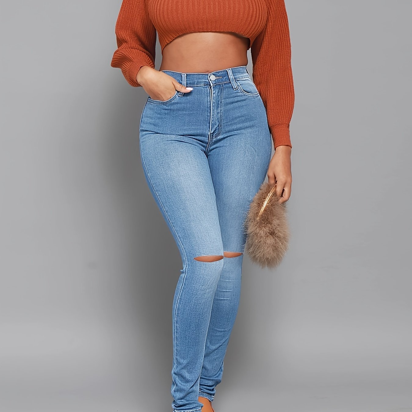 Antmvs High Rise Ripped Skinny Jeans, High Waist Curvy Distressed Long Stacked Hem Denim Pants, Women's Denim & Clothing