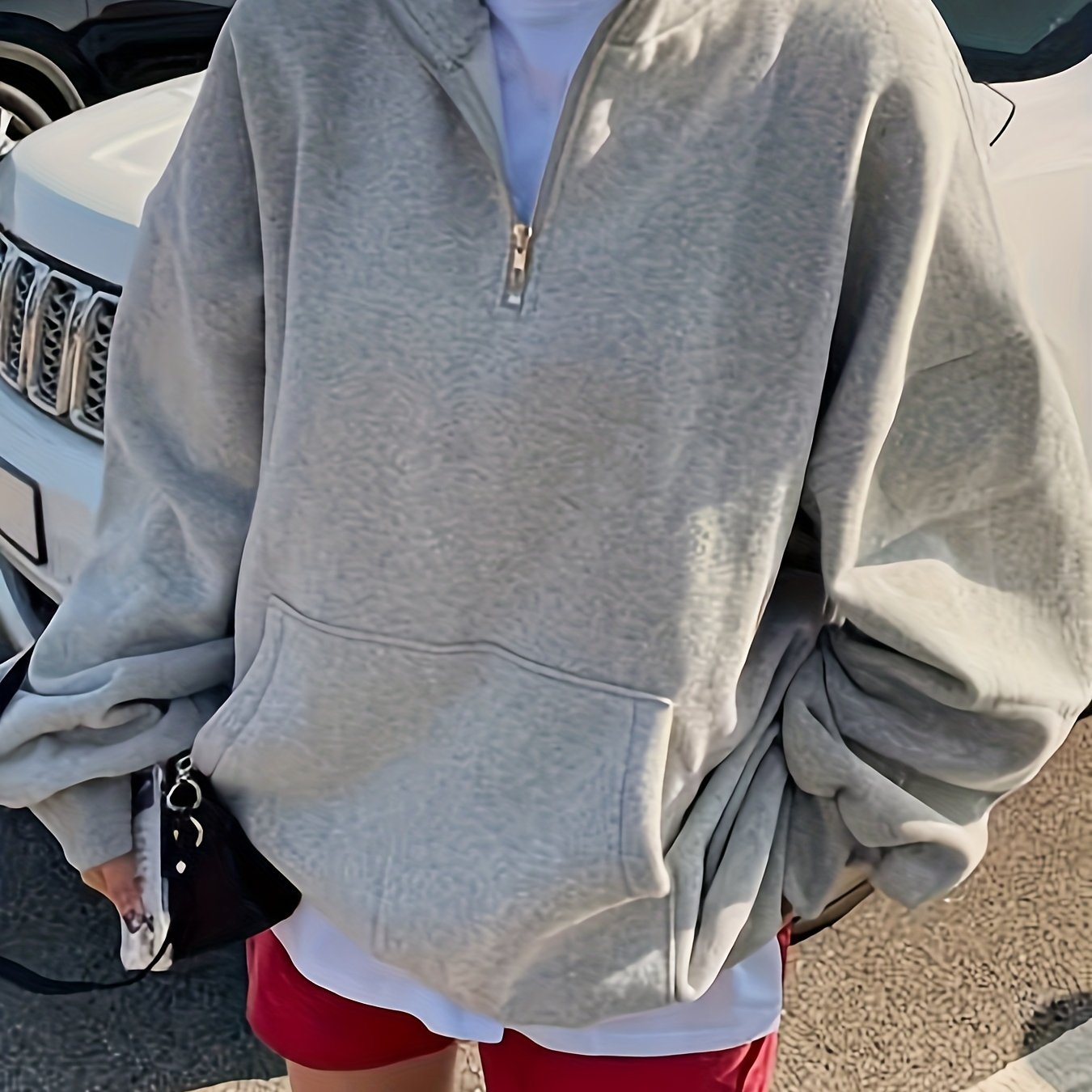 Antmvs Solid Zip Stand Collar Oversized Sweatshirt, Casual Long Sleeve Kangaroo Pocket Sweatshirt, Women's Clothing