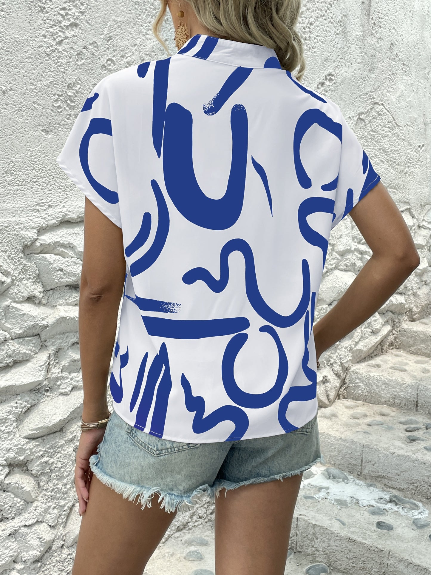 Antmvs Abstract Print Blouse, Casual V Neck Short Sleeve Summer Blouse, Women's Clothing