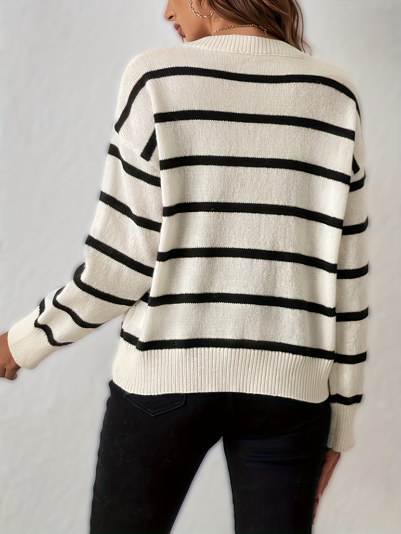 Antmvs Stripe Pattern Knitted Pullover Top, Casual V Neck Long Sleeve Sweater For Fall & Winter, Women's Clothing