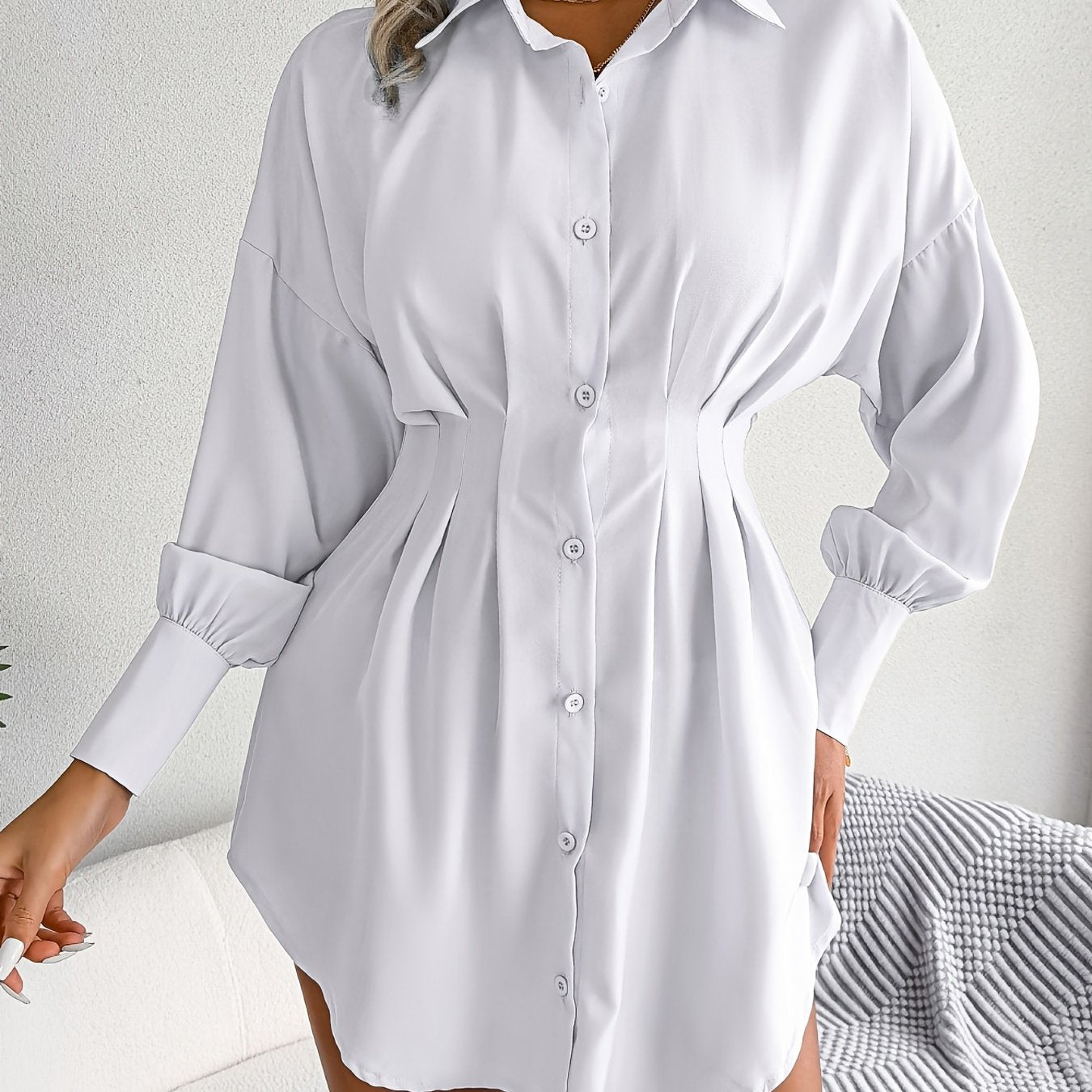 Antmvs V-neck Loose Lapel Long Blouses, Casual Button Down Lantern Long Sleeve Fashion Long Shirts Tops, Women's Clothing