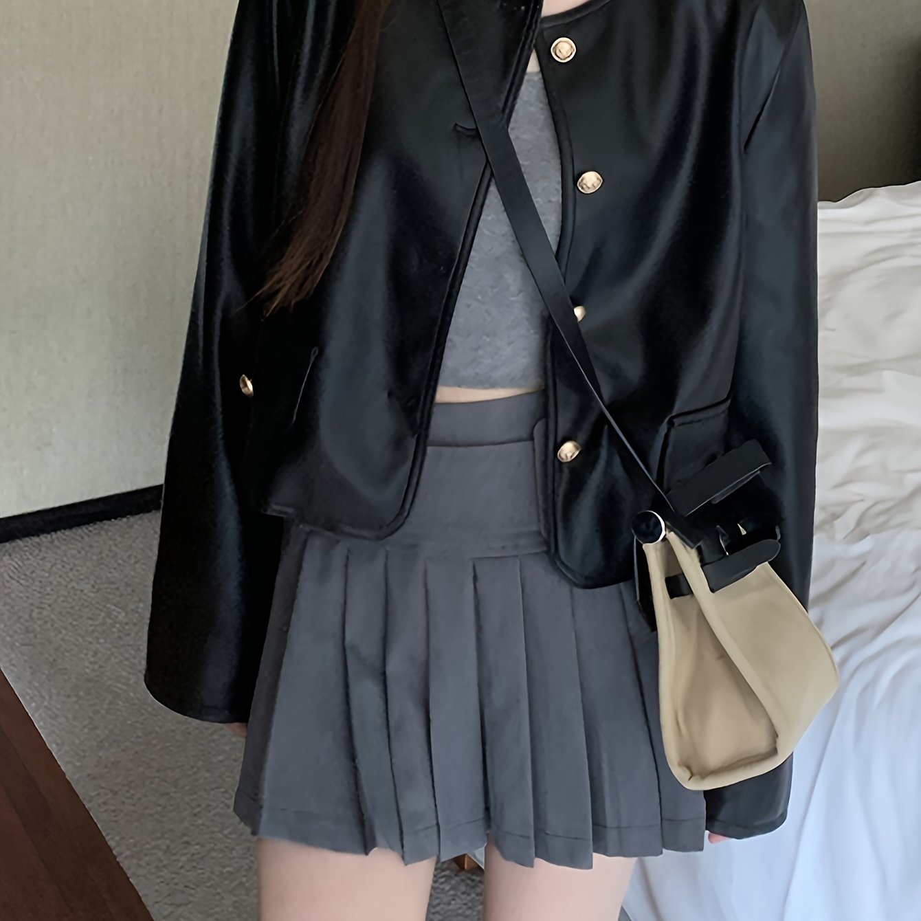 Antmvs Solid Button Front Crew Neck Coat, Elegant Long Sleeve Jacket For Every Day, Women's Clothing