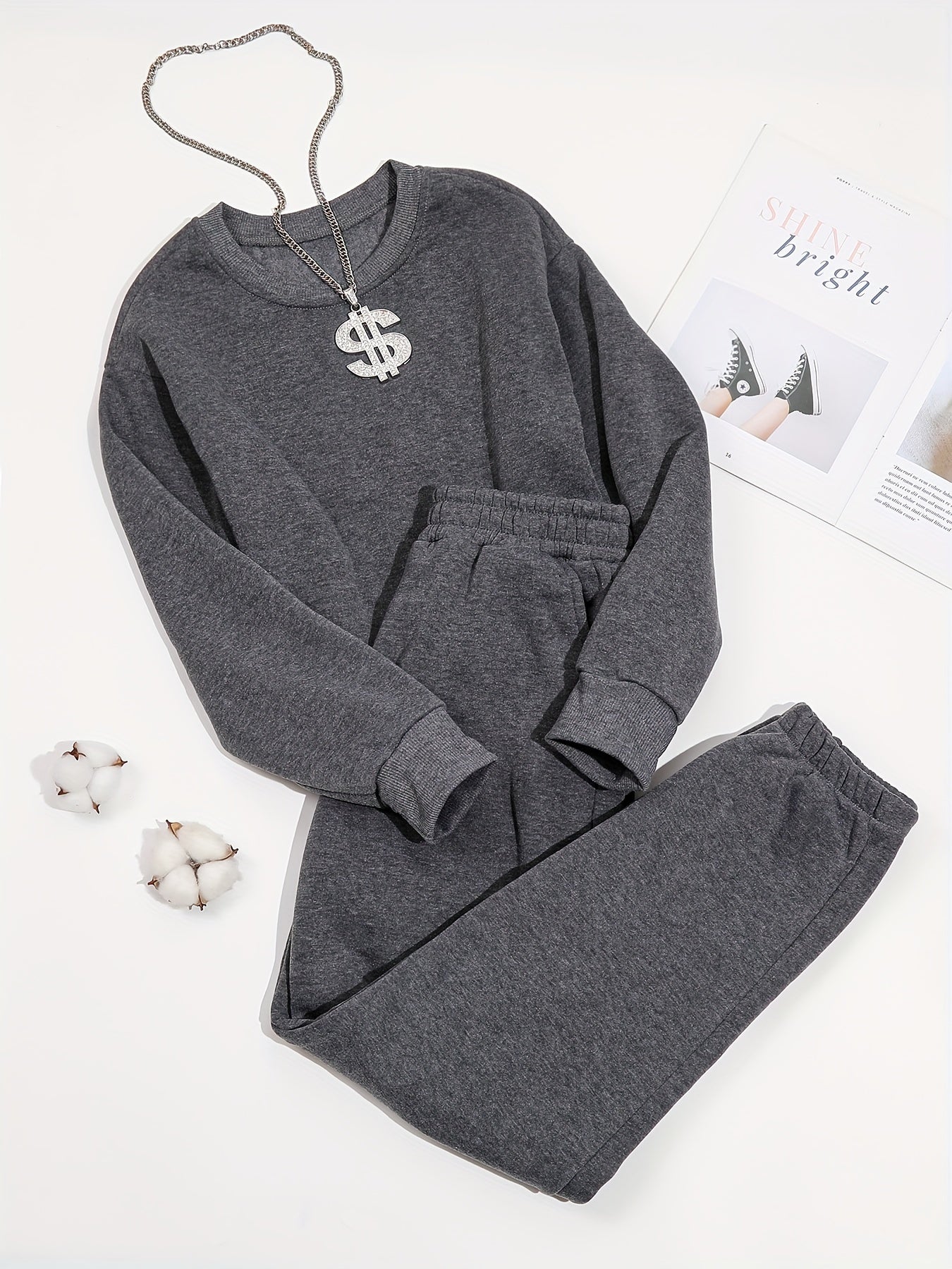 Antmvs 2pcs Long Sleeve Casual Sports Sets, Fleece Liner Crew Neck Pullover Sweatshirt & Casual Loose Sweatpants, Women's Activewear