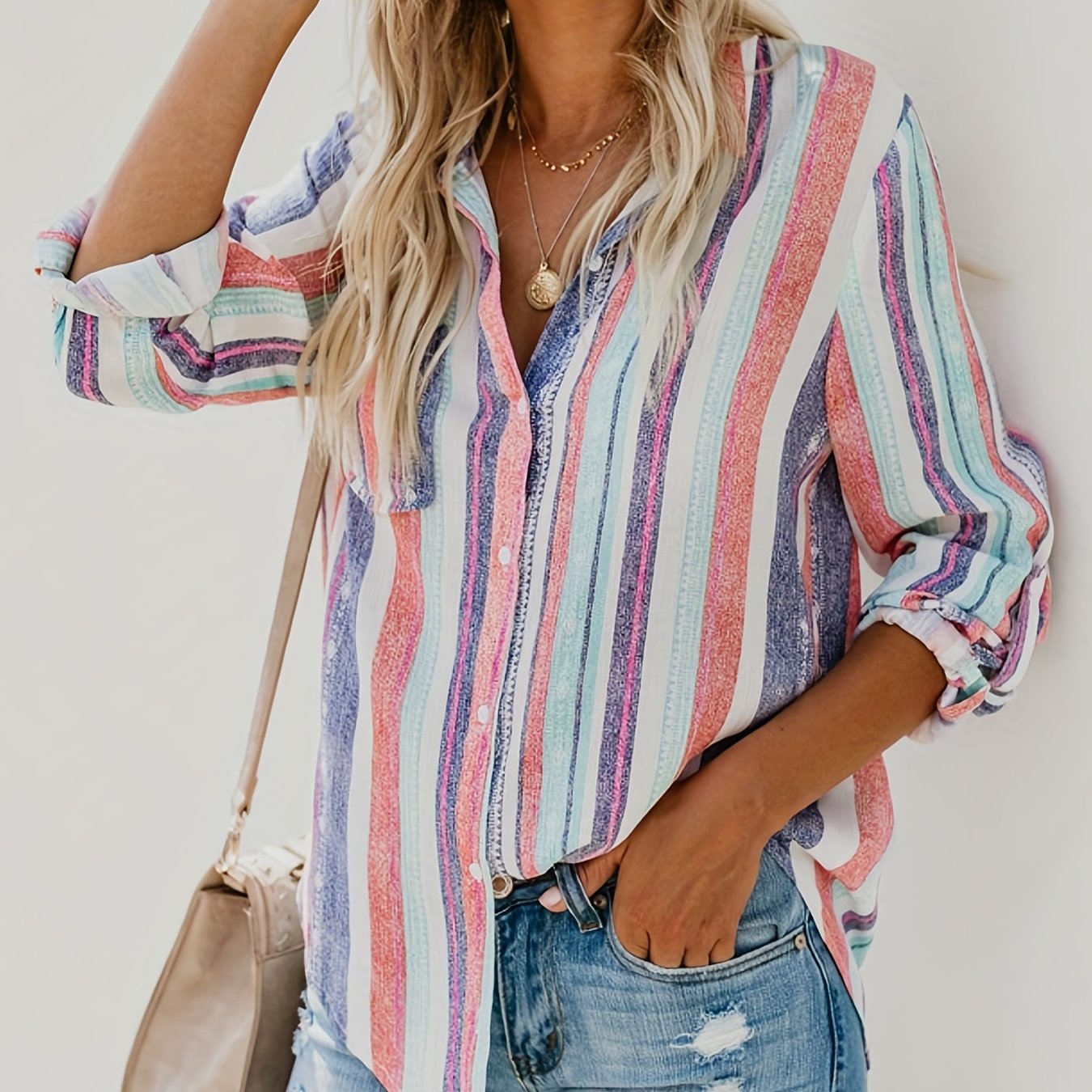 Antmvs Casual Striped Shirt, Button Up Top For Spring & Fall, Women's Clothing