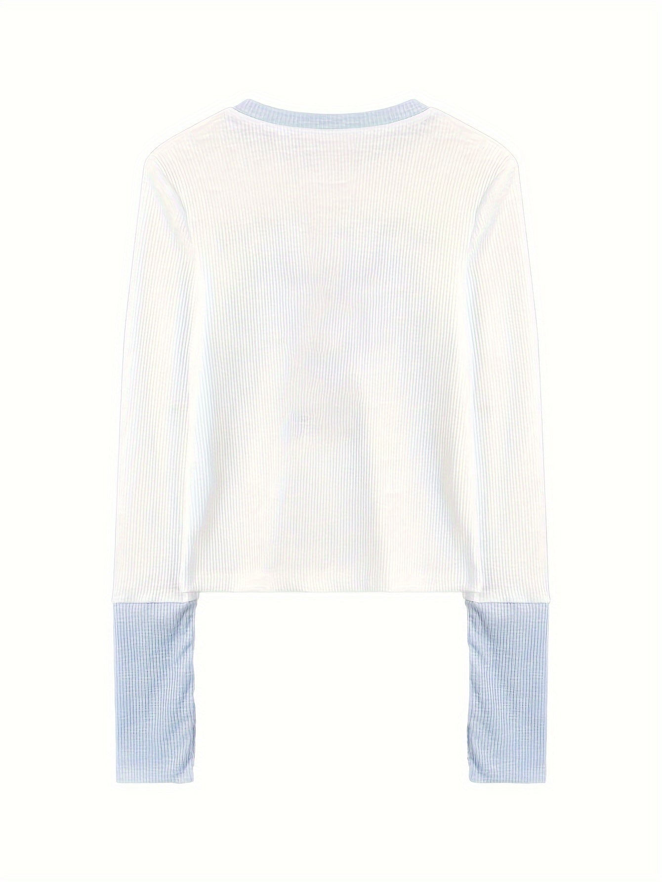Antmvs Cute Cat & Letter Print Contrast Trim T-shirt, Casual Long Sleeve Crew Neck Slim Top, Women's Clothing