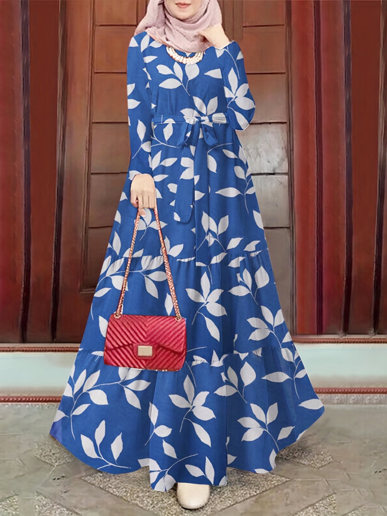 Antmvs Leaf Print Crew Neck Dress, Elegant Long Sleeve Belted Maxi Dress, Women's Clothing