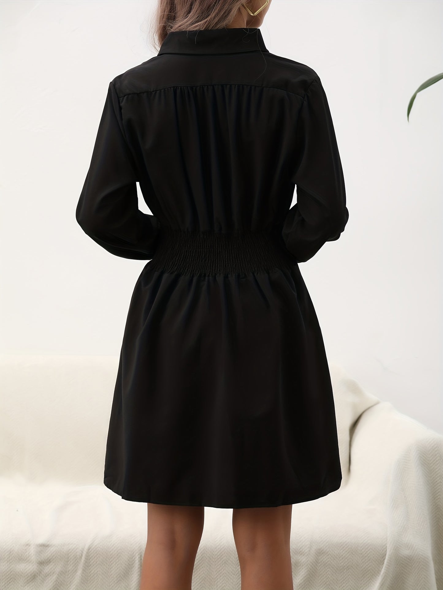 Antmvs Solid V Neck Shirred Waist Dress, Casual Long Sleeve Lapel Dress, Women's Clothing