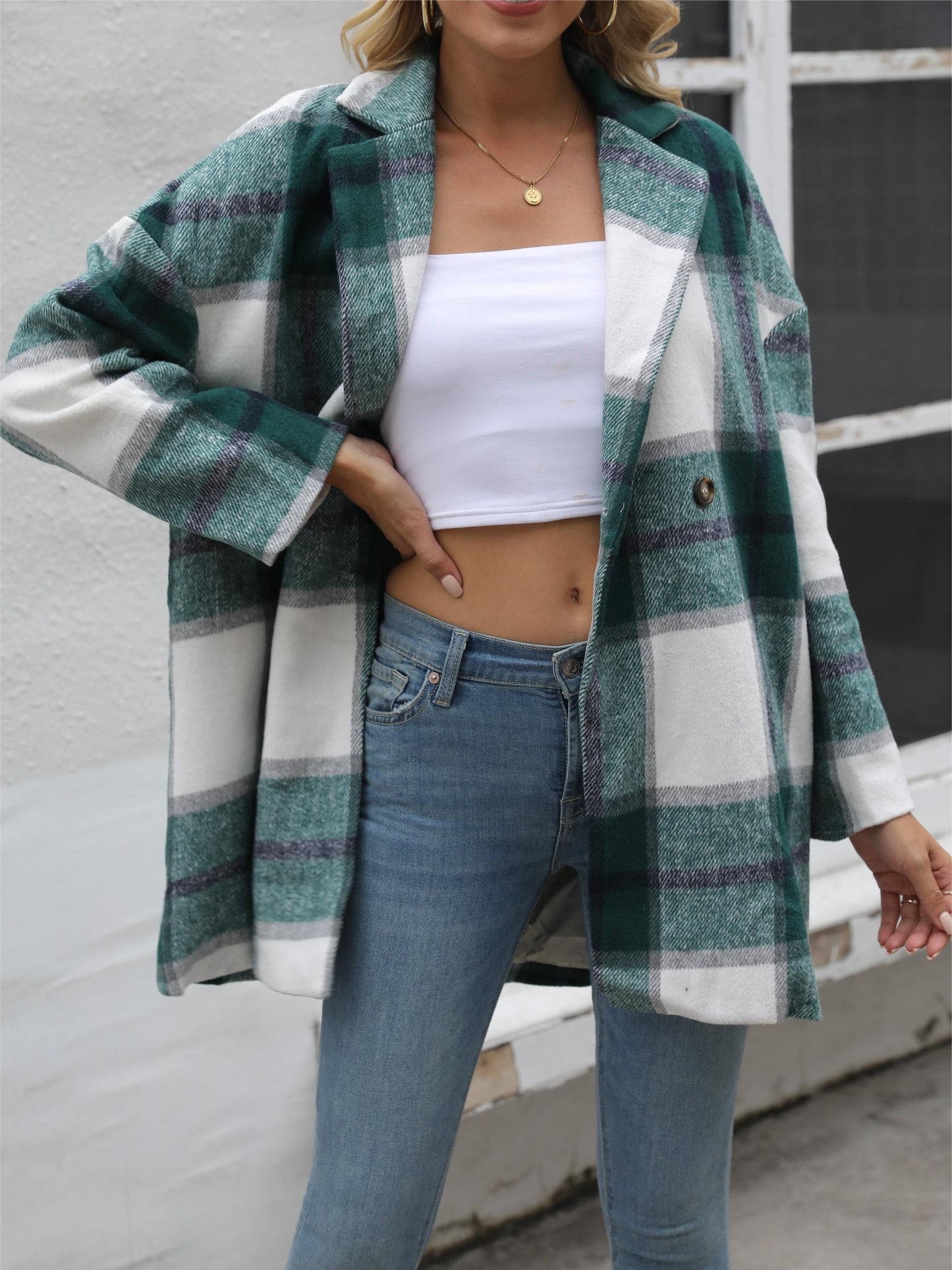 Antmvs Gingham Button Drop Shoulder Coat, Casual Long Sleeve Fashion Loose Plaid Outerwear, Women's Clothing