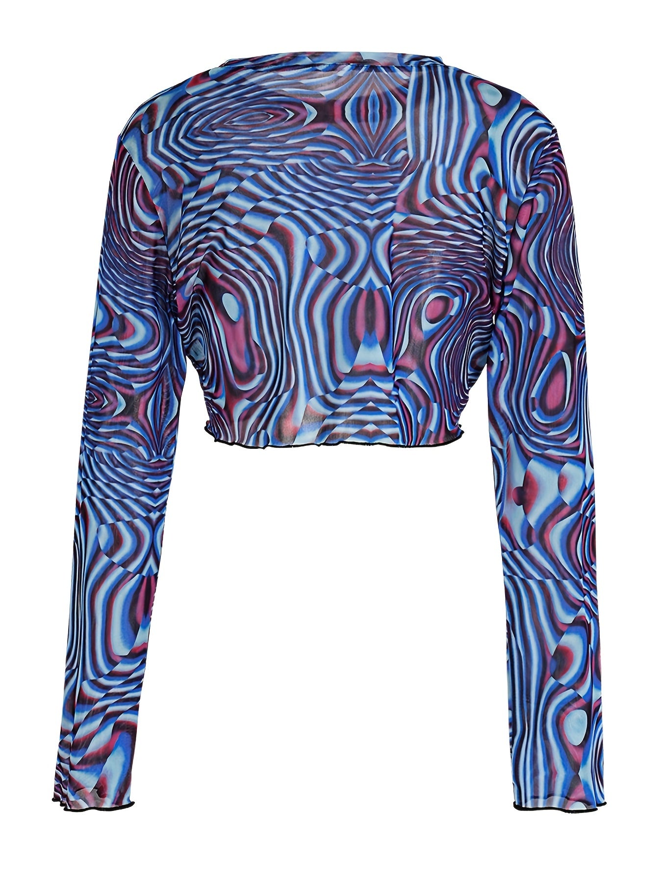 Antmvs Plus Size Sexy Top, Women's Plus Tie Dye Mesh See-through Long Sleeve Round Neck Medium Stretch Slim Fit Crop Top