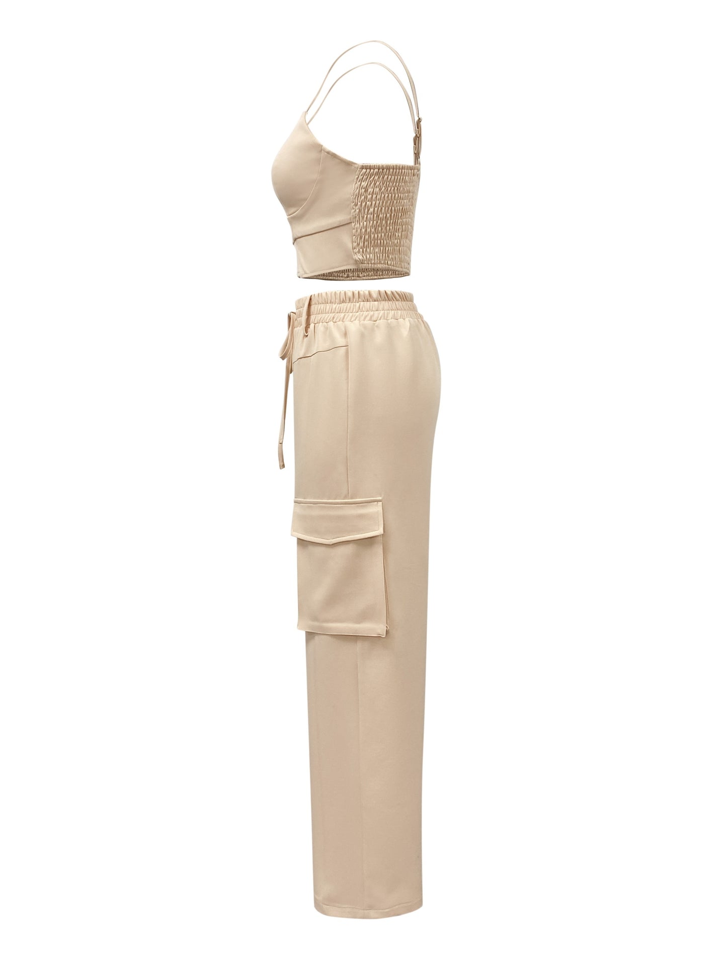 Antmvs Solid Casual Two-piece Set, Spaghetti Cropped Shirred Vest & High Waist Drawstring Pants Outfits, Women's Clothing