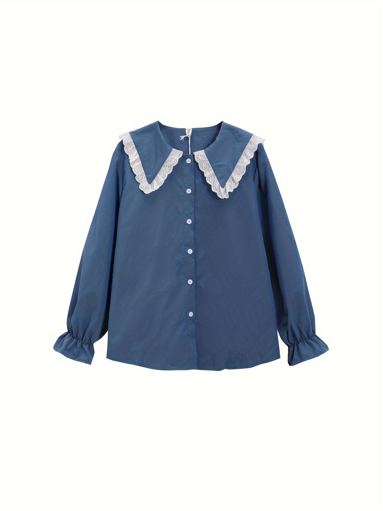 Antmvs Eyelet Lace Stitching Peter Pan Collar Shirt, Sweet Long Sleeve Button Front Shirt For Spring & Fall, Women's Clothing
