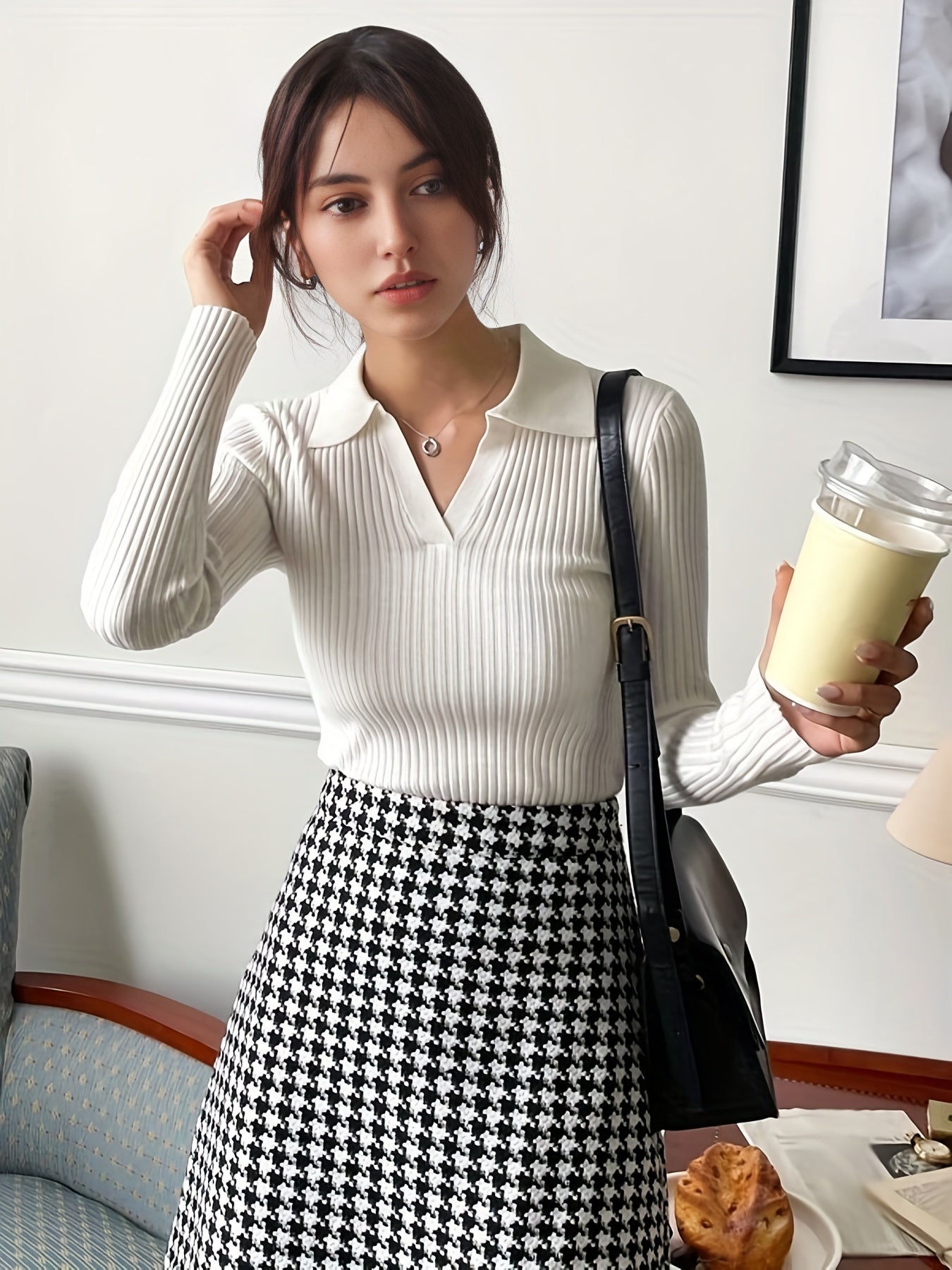 Antmvs Solid Notched Collar Rib Knit Sweater, Elegant Long Sleeve Slim Sweater, Women's Clothing