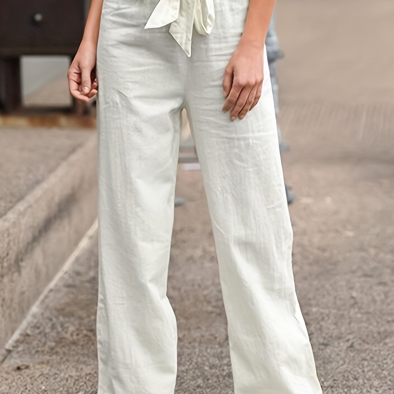 Antmvs Solid Tie Waist Pants, Casual High Waist Wide Leg Long Length Pants, Women's Clothing