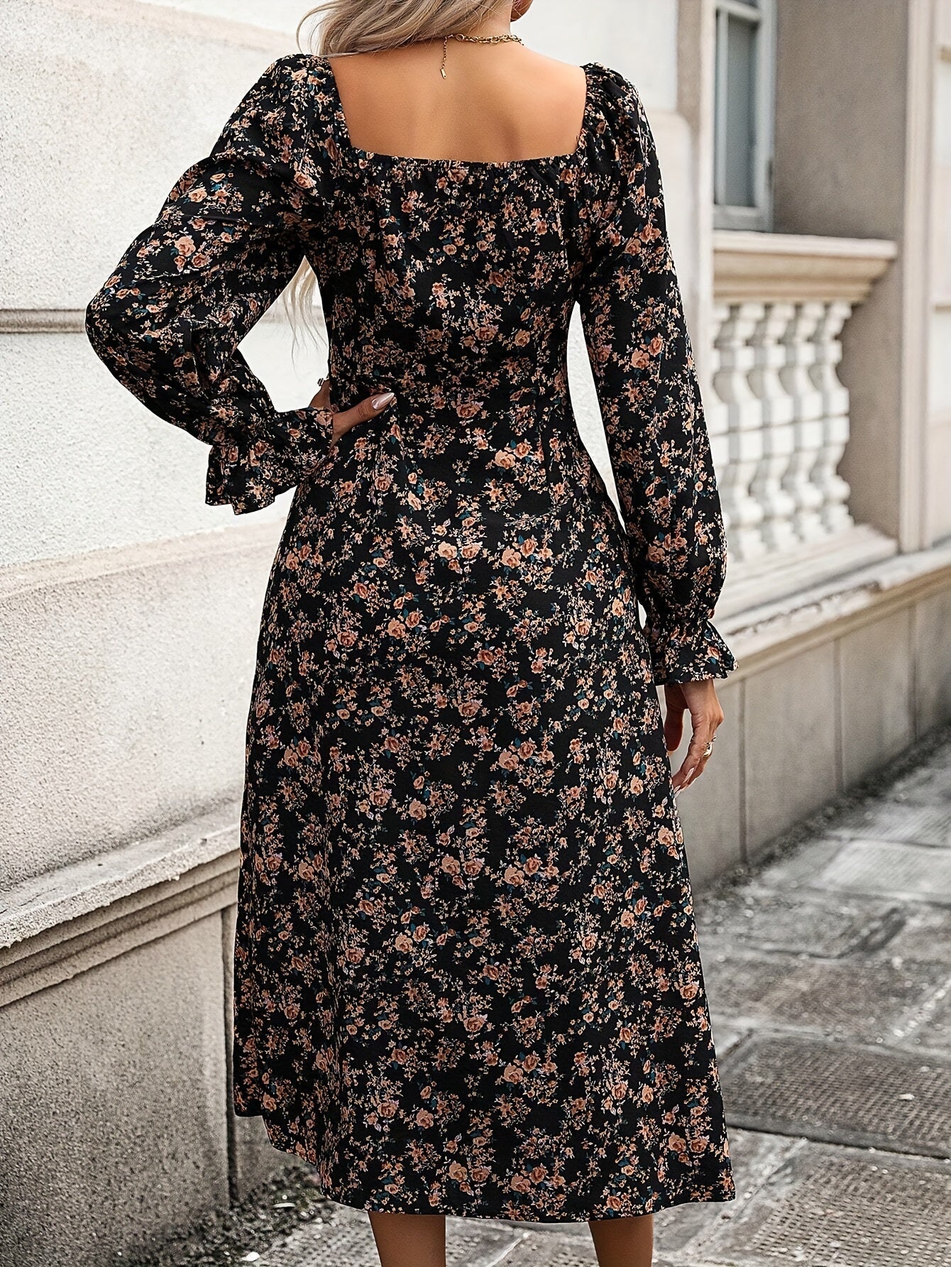 Antmvs Floral Print Long Sleeve Dress, Chic Square Neck Dress For Spring & Fall, Women's Clothing