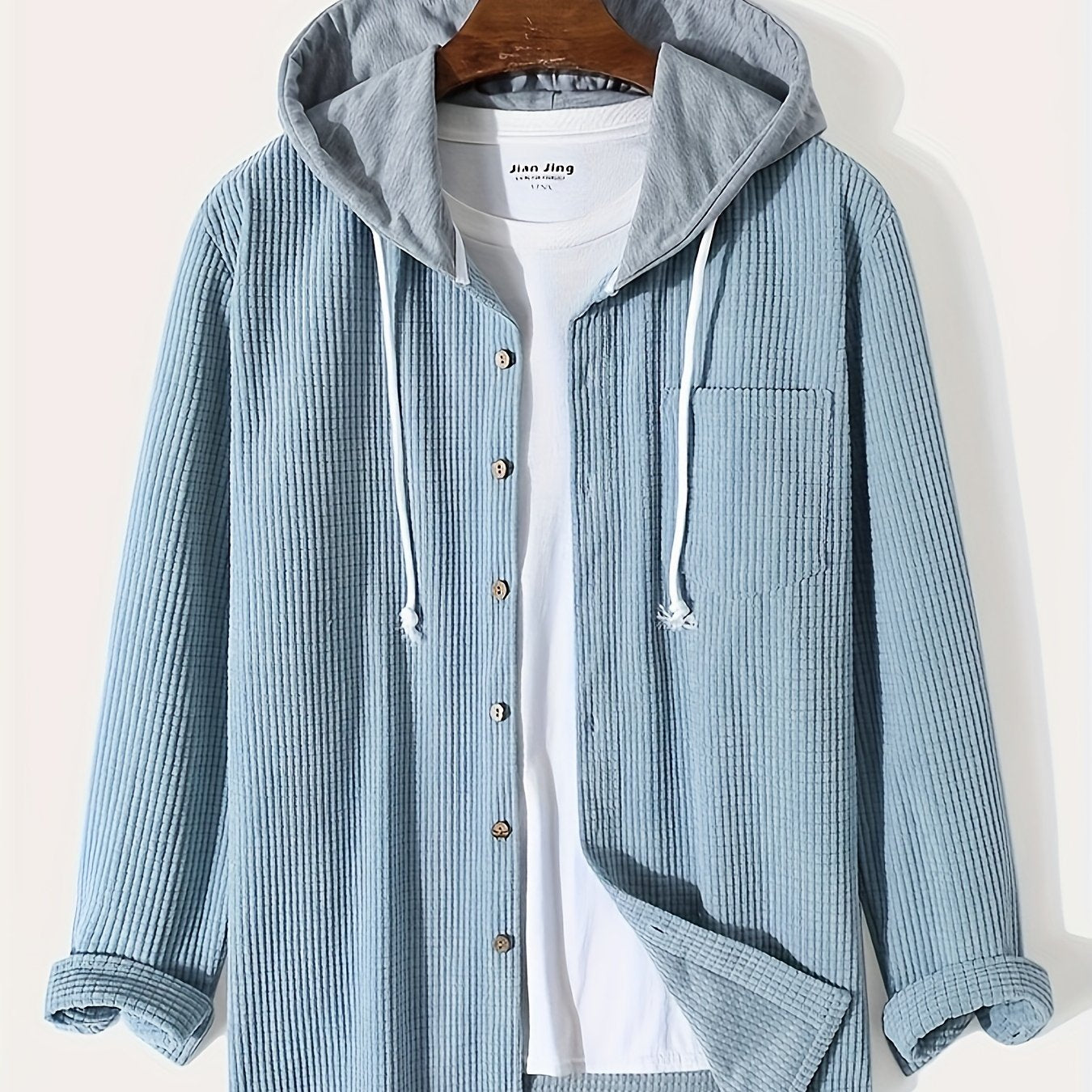 Antmvs Waffle Pattern Hoodie Shirt Coat For Men Long Sleeve Casual Regular Fit Button Up Hooded Shirts Jacket