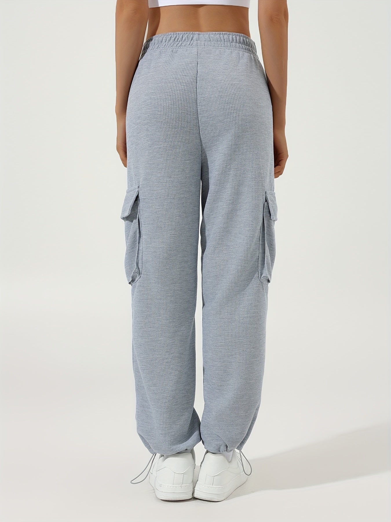 Antmvs Waffle Casual Sports Elastic Waist Sweatpants, Multi-pocket High Waist Solid Color Joggers Pants, Women's Athleisure