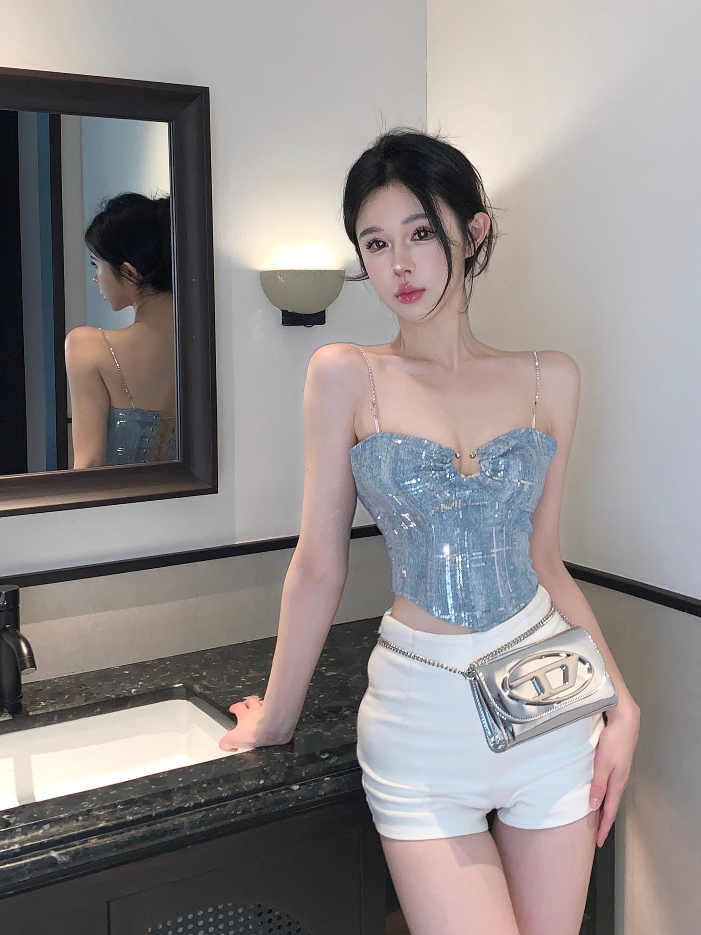 Antmvs Shelly Icy Blue & Silver Spaghetti Strap Slim Camisole Cropped Top
