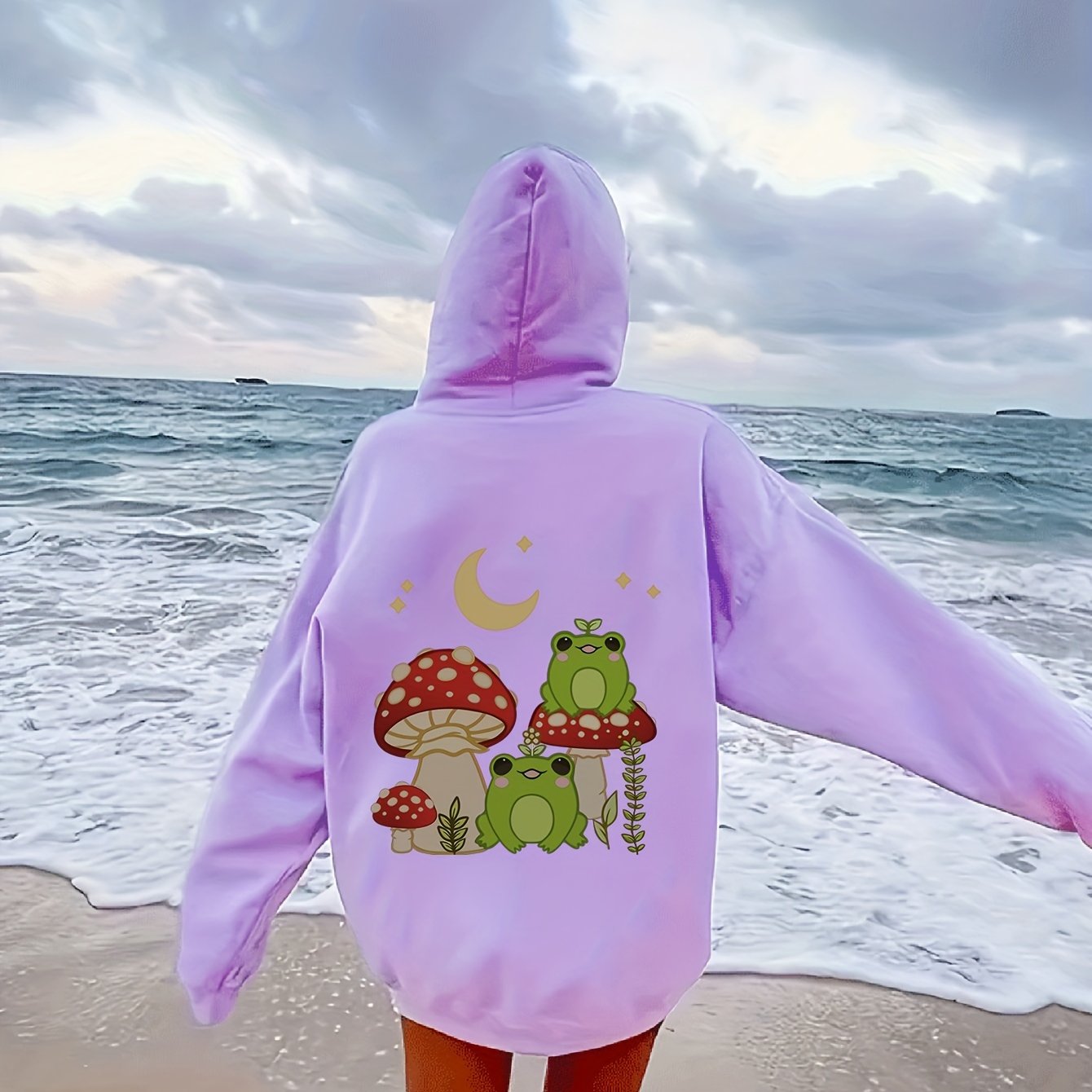 Antmvs Plus Size Casual Sweatshirt, Women's Plus Cute Frog & Mushroom Print Long Sleeve Drawstring Hooded Pullover Sweatshirt With Kangaroo Pockets, Casual Tops For Fall & Winter, Plus Size Women's Clothing