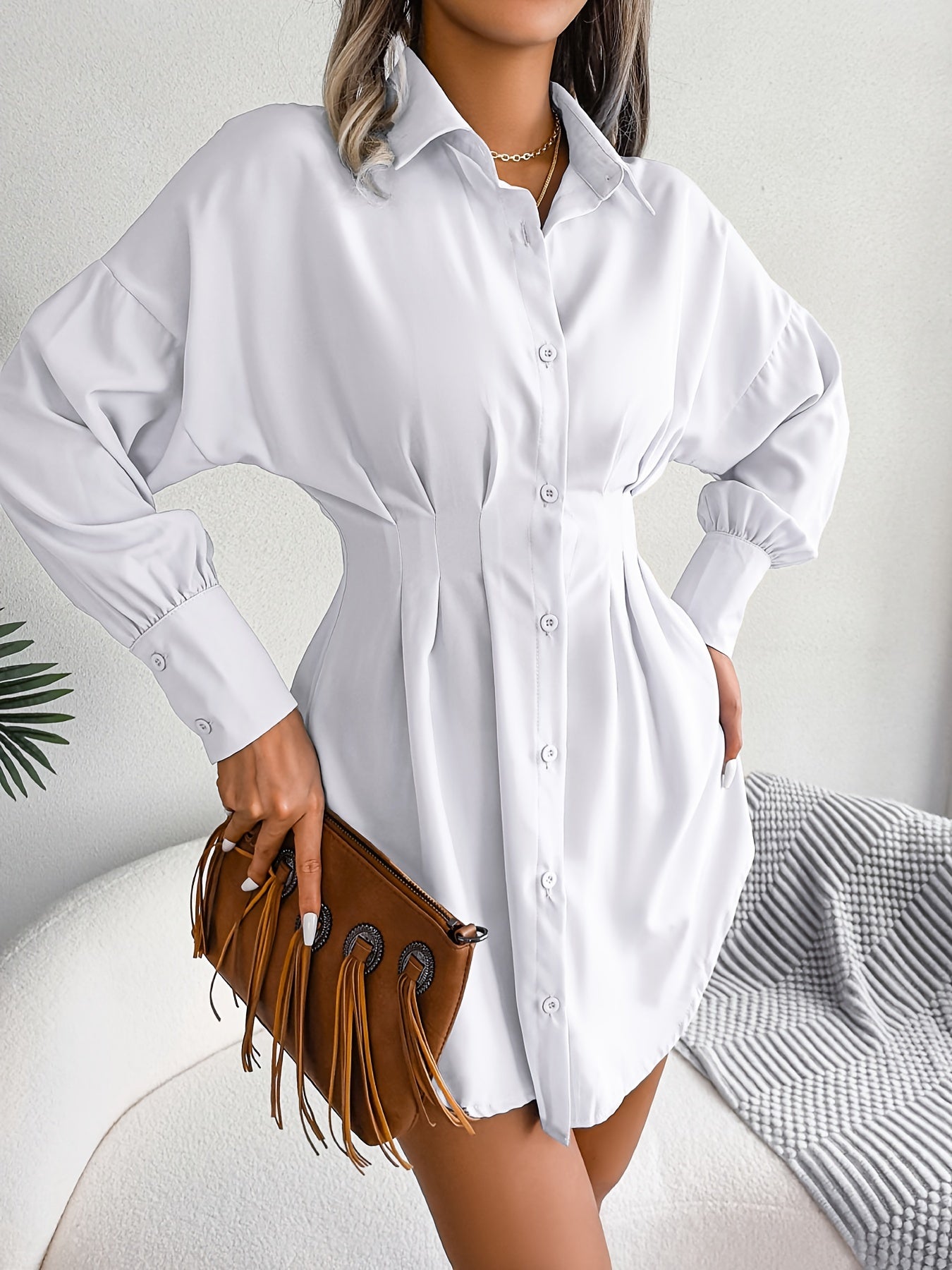 Antmvs V-neck Loose Lapel Long Blouses, Casual Button Down Lantern Long Sleeve Fashion Long Shirts Tops, Women's Clothing