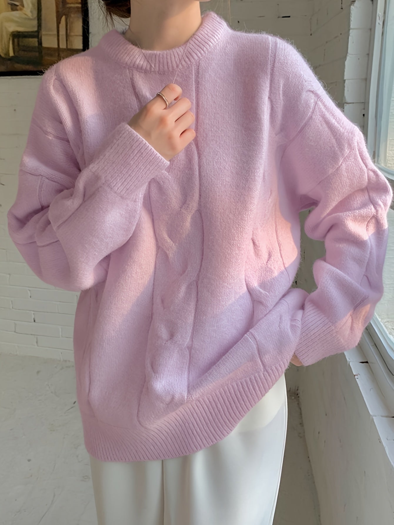 Antmvs Solid Cable Knit Loose Sweater, Casual Crew Neck Long Sleeve Sweater, Women's Clothing
