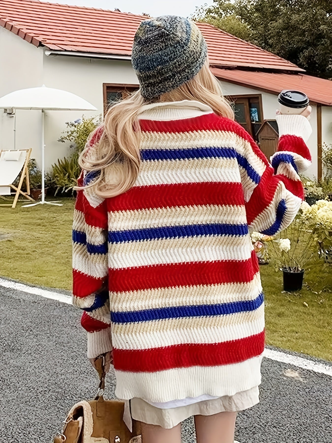 Antmvs Striped Button Front Knit Sweater, Cute Long Sleeve Pullover Sweater For Fall & Winter, Women's Clothing