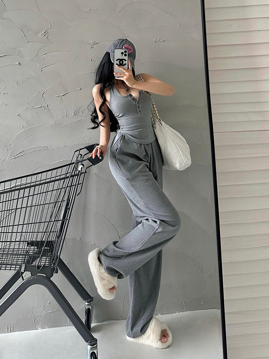 Antmvs Lia Solid Color Square Neck Wide Strap Ribbed Top + High Waist Straight Leg Pants Matching Set