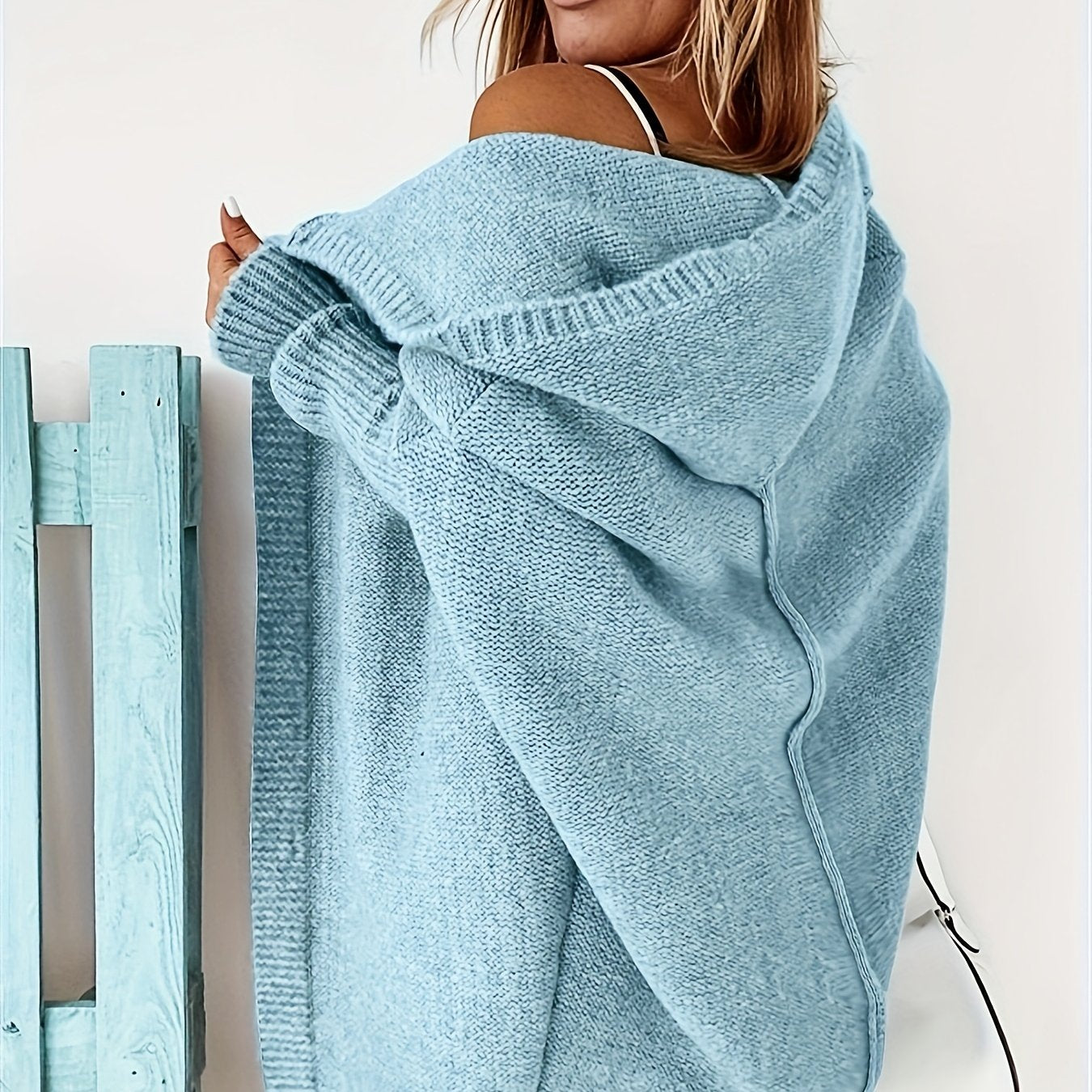 Antmvs Solid Open Front Hooded Cardigan, Casual Batwing Sleeve Mid Length Sweater For Fall & Winter, Women's Clothing