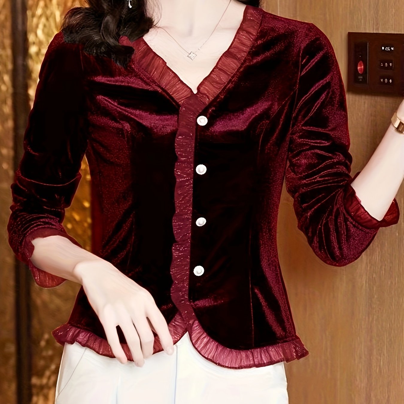 Antmvs Velvet Lace Contrast Trim Top, Button Front V Neck Long Sleeve T-shirt, Women's Clothing