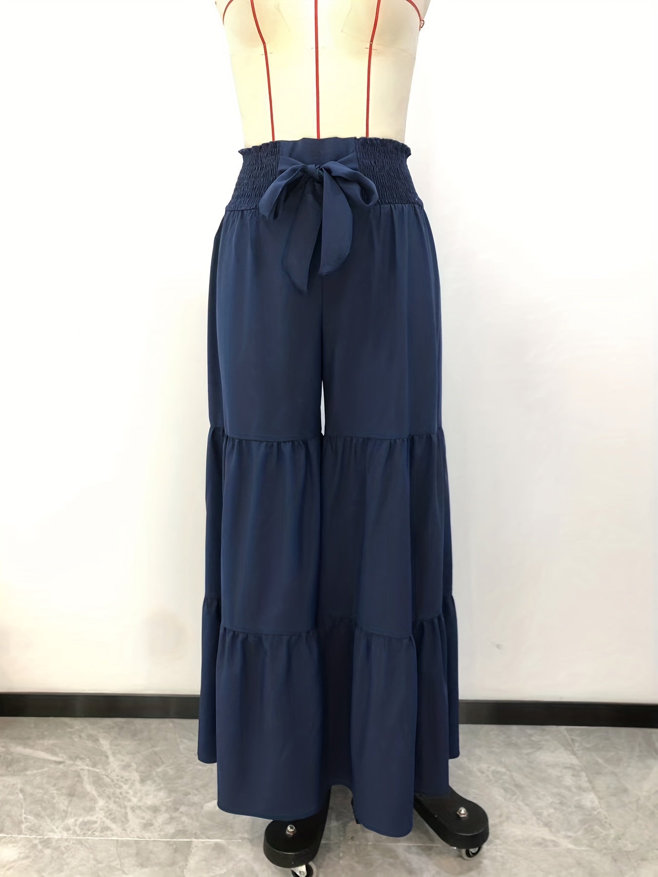 Antmvs Smocked Wide Leg Pants, Boho Casual Drawstring Palazzo Pants For Spring & Summer, Women's Clothing