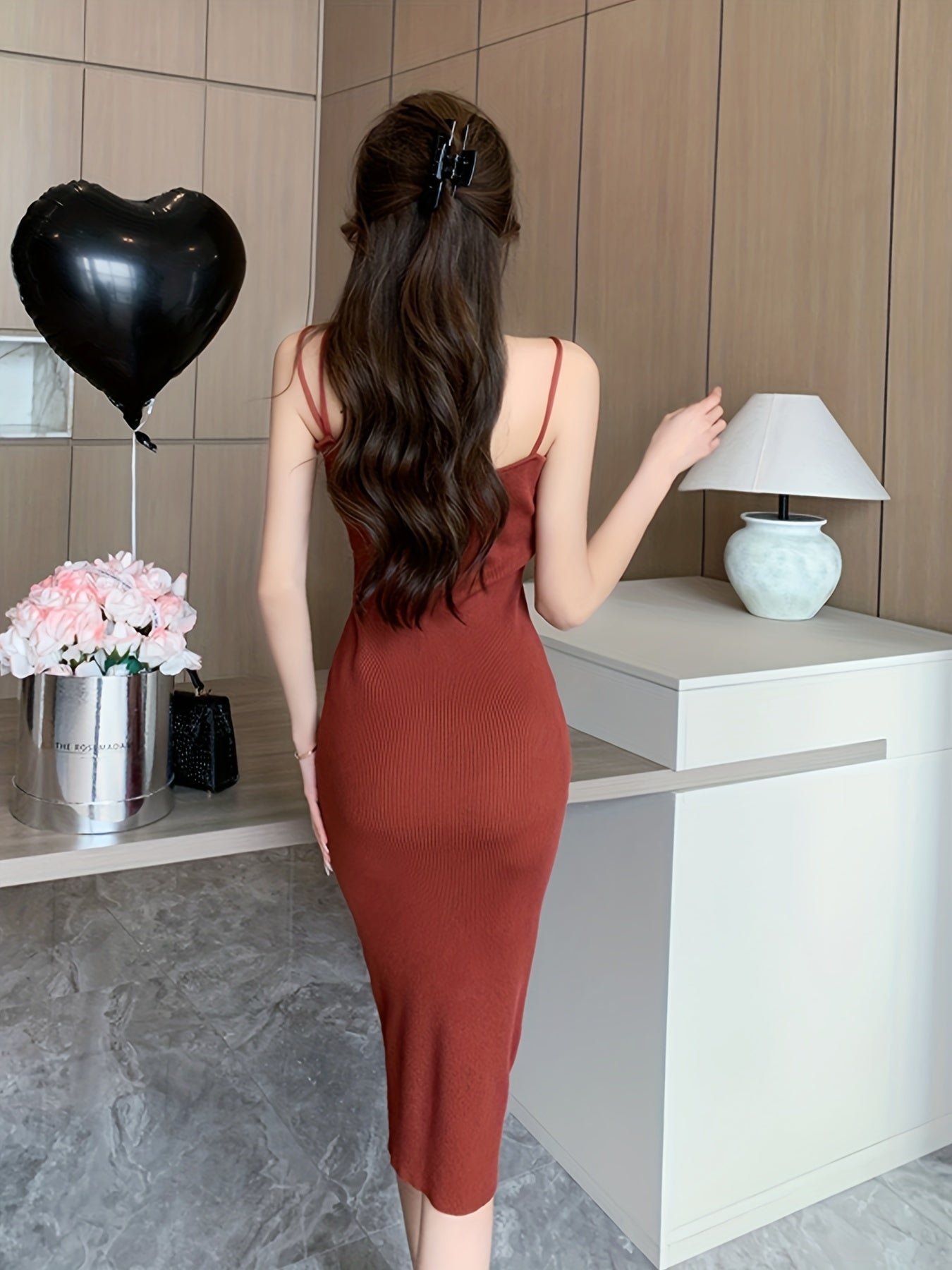 Antmvs Spaghetti Solid Dress, Elegant Sleeveless Bodycon Summer Bag Hip Dress, Women's Clothing