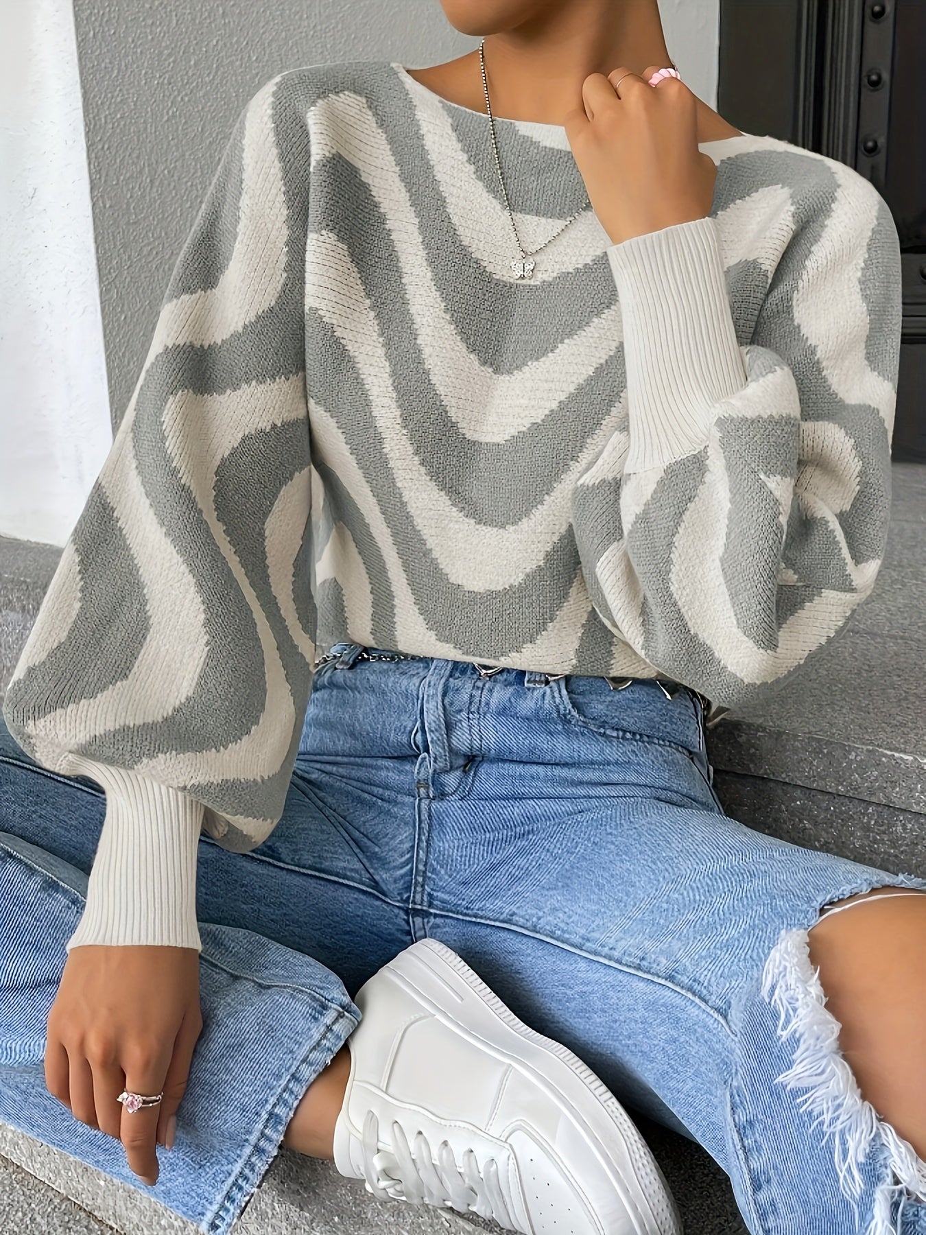 Antmvs Striped Boat Neck Pullover Sweater, Casual Lantern Sleeve Slim Sweater, Women's Clothing