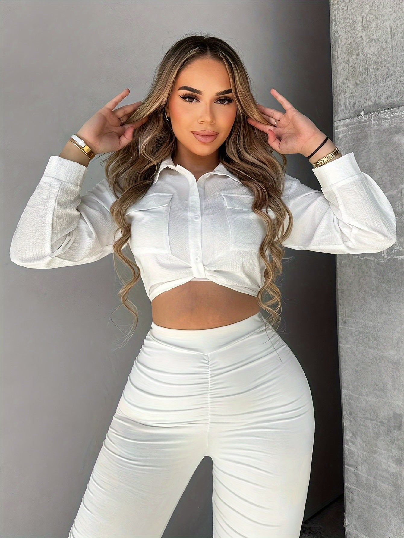 Antmvs Solid Button Front Shirt, Elegant Long Sleeve Crop Shirt, Women's Clothing
