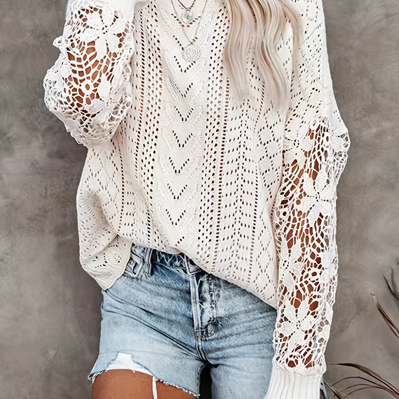 Antmvs Solid Crew Neck Contrast Lace Pullover Sweater, Casual Long Sleeve Sweater For Spring & Winter, Women's Clothing