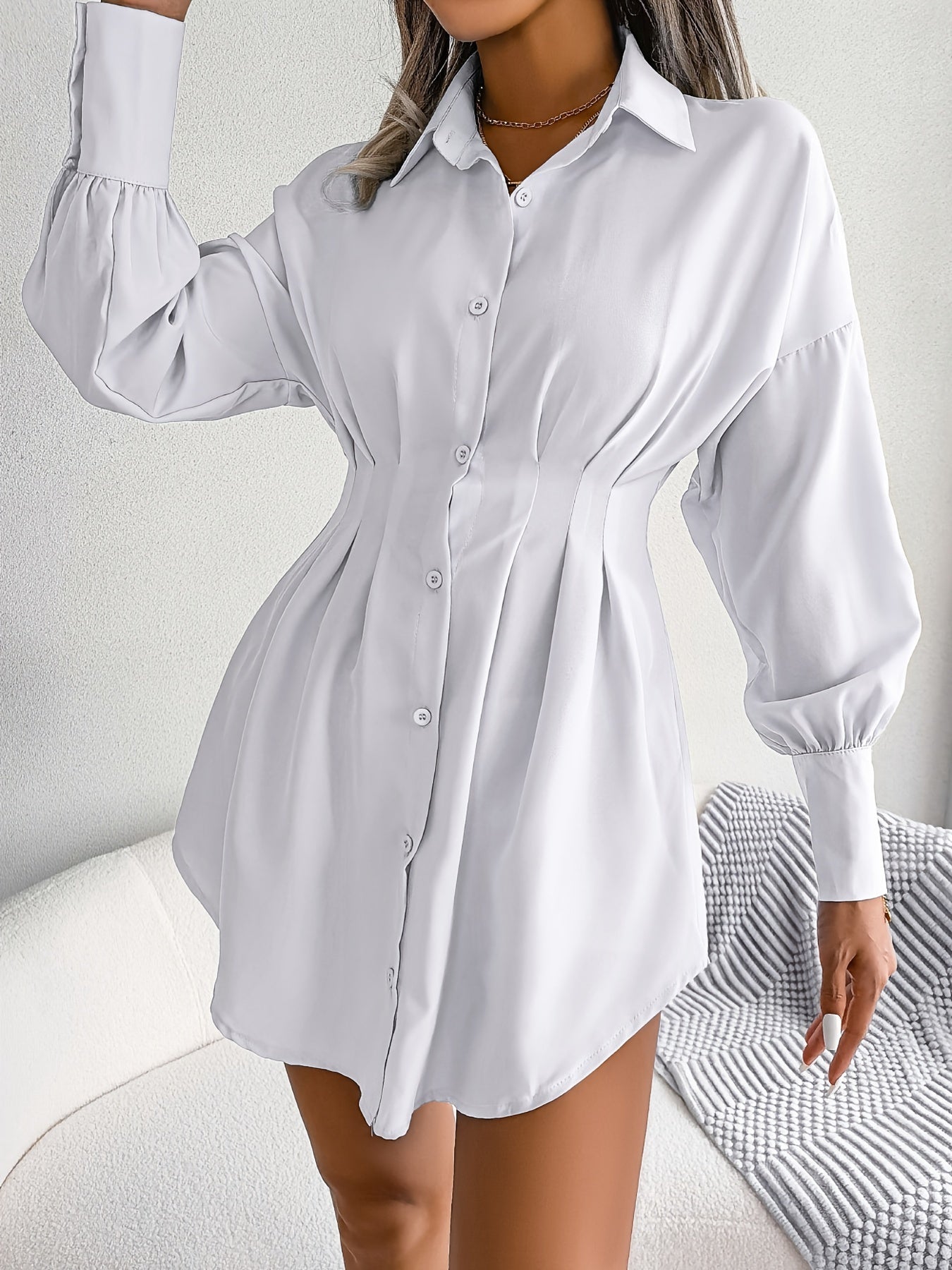 Antmvs V-neck Loose Lapel Long Blouses, Casual Button Down Lantern Long Sleeve Fashion Long Shirts Tops, Women's Clothing