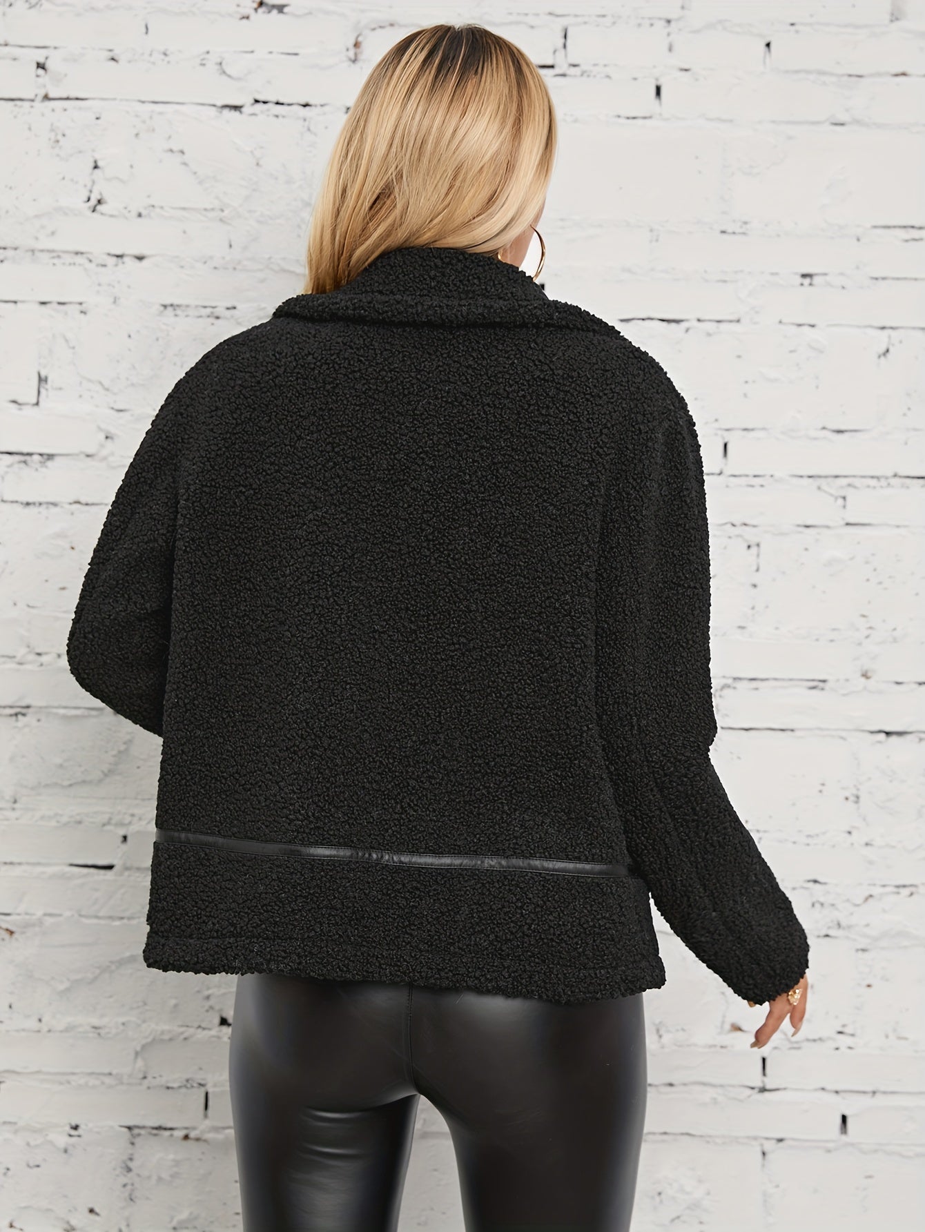 Antmvs Solid Zipper Lapel Teddy Coat, Versatile Long Sleeve Thermal Coat For Fall & Winter, Women's Clothing