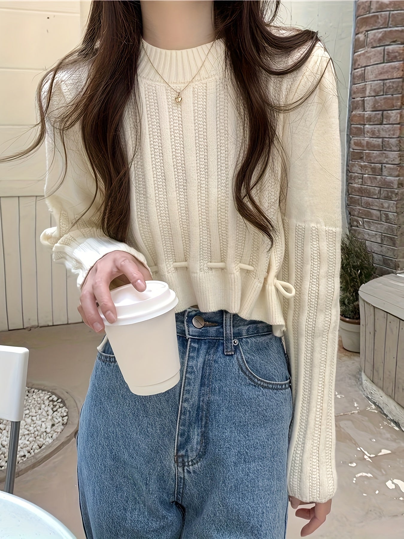 Antmvs Solid Drawstring Hem Crop Sweater, Casual Mock Neck Long Sleeve Sweater For Fall & Winter, Women's Clothing