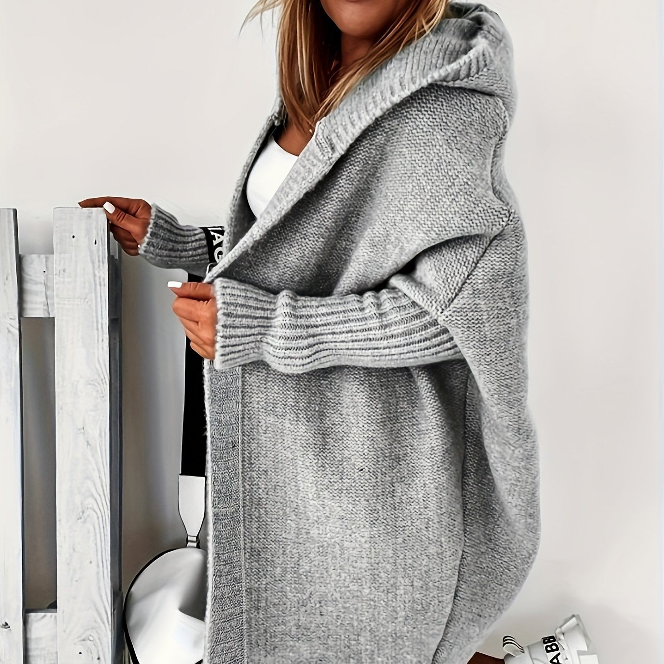 Antmvs Solid Open Front Hooded Cardigan, Casual Batwing Sleeve Mid Length Sweater For Fall & Winter, Women's Clothing