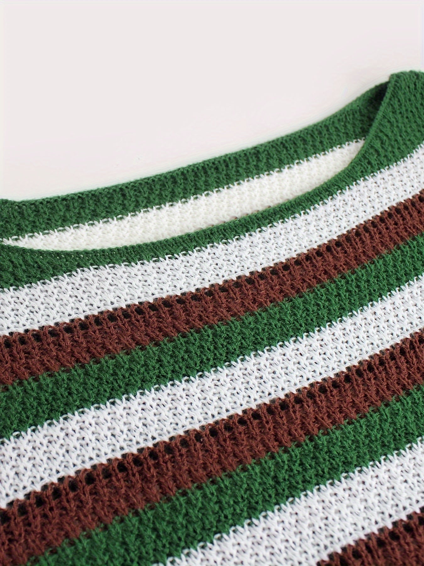 Antmvs Striped Hollow Out Knitted Coverup, Casual Long Sleeve Beach Crop Top For Spring & Summer, Women's Clothing