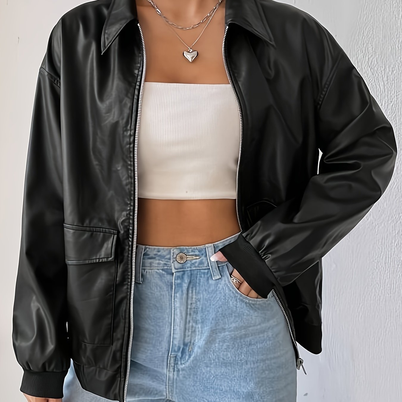 Antmvs Zip Up Pocket Front Jacket, Elegant Solid Long Sleeve Outerwear, Women's Clothing